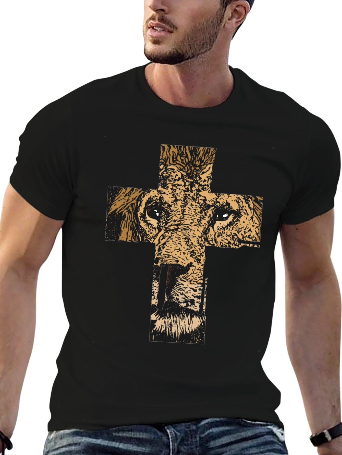 Lion Cross Graphic Black T-Shirt