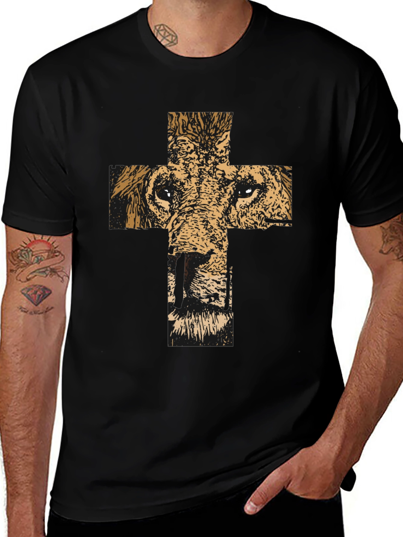 Lion Cross Graphic Black T-Shirt