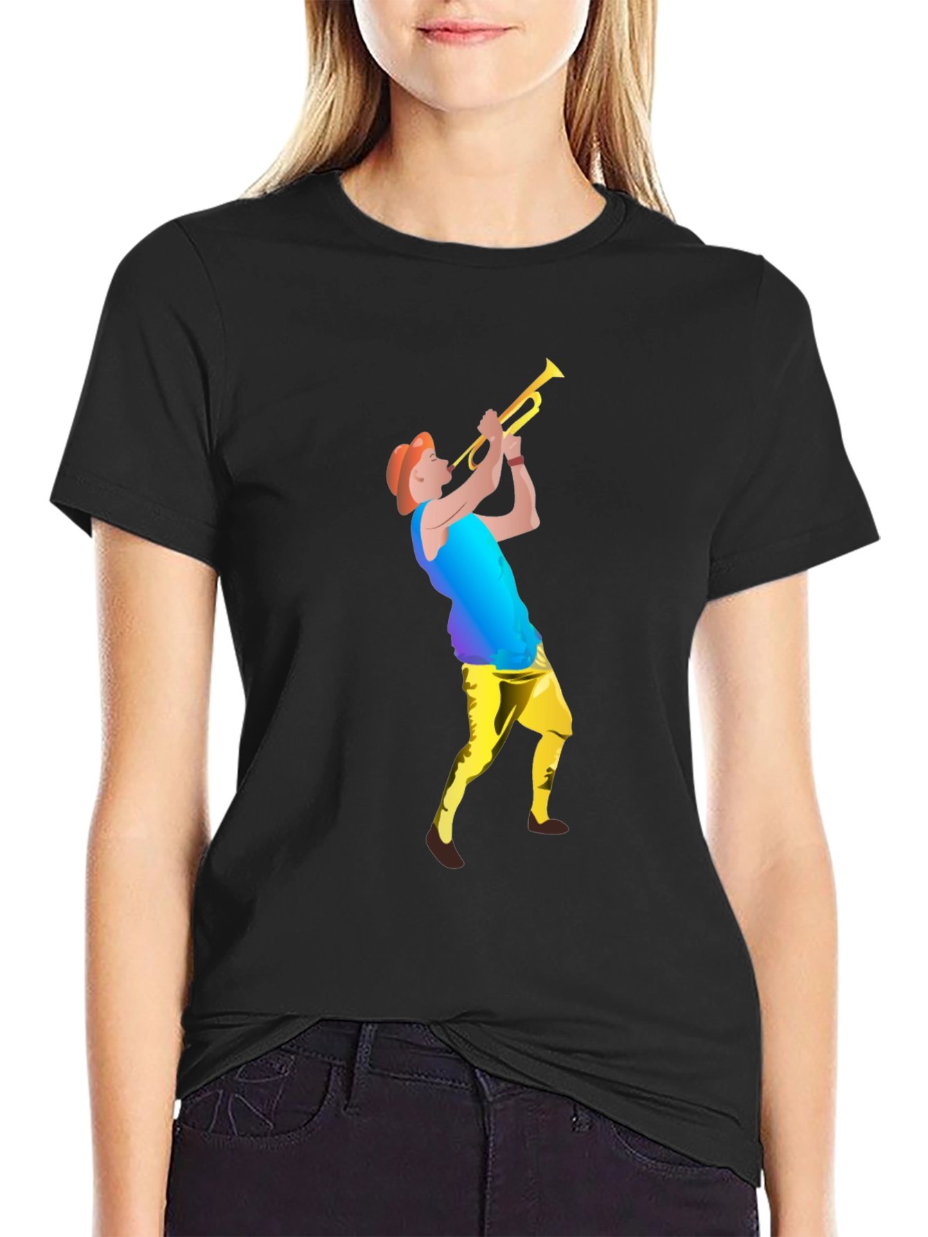 Black T-Shirt with Trumpet Player Graphic