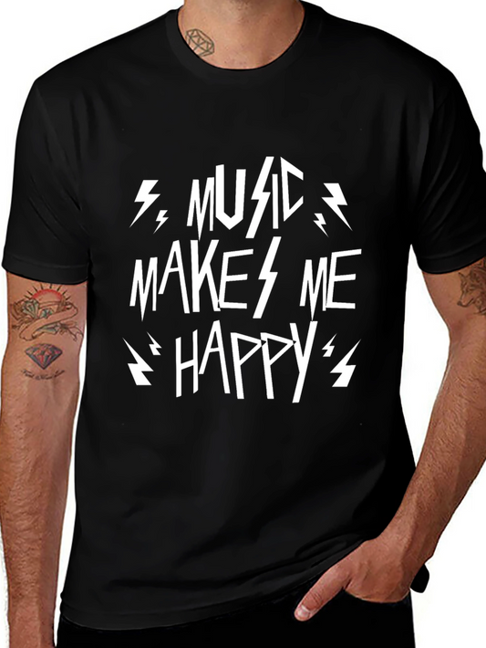 Music Makes Me Happy Graphic Tee - Black Cotton T-Shirt
