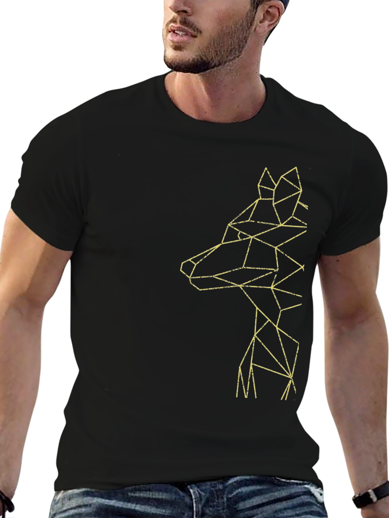 Geometric Wolf Graphic Tee - Modern Mens Black T-Shirt
