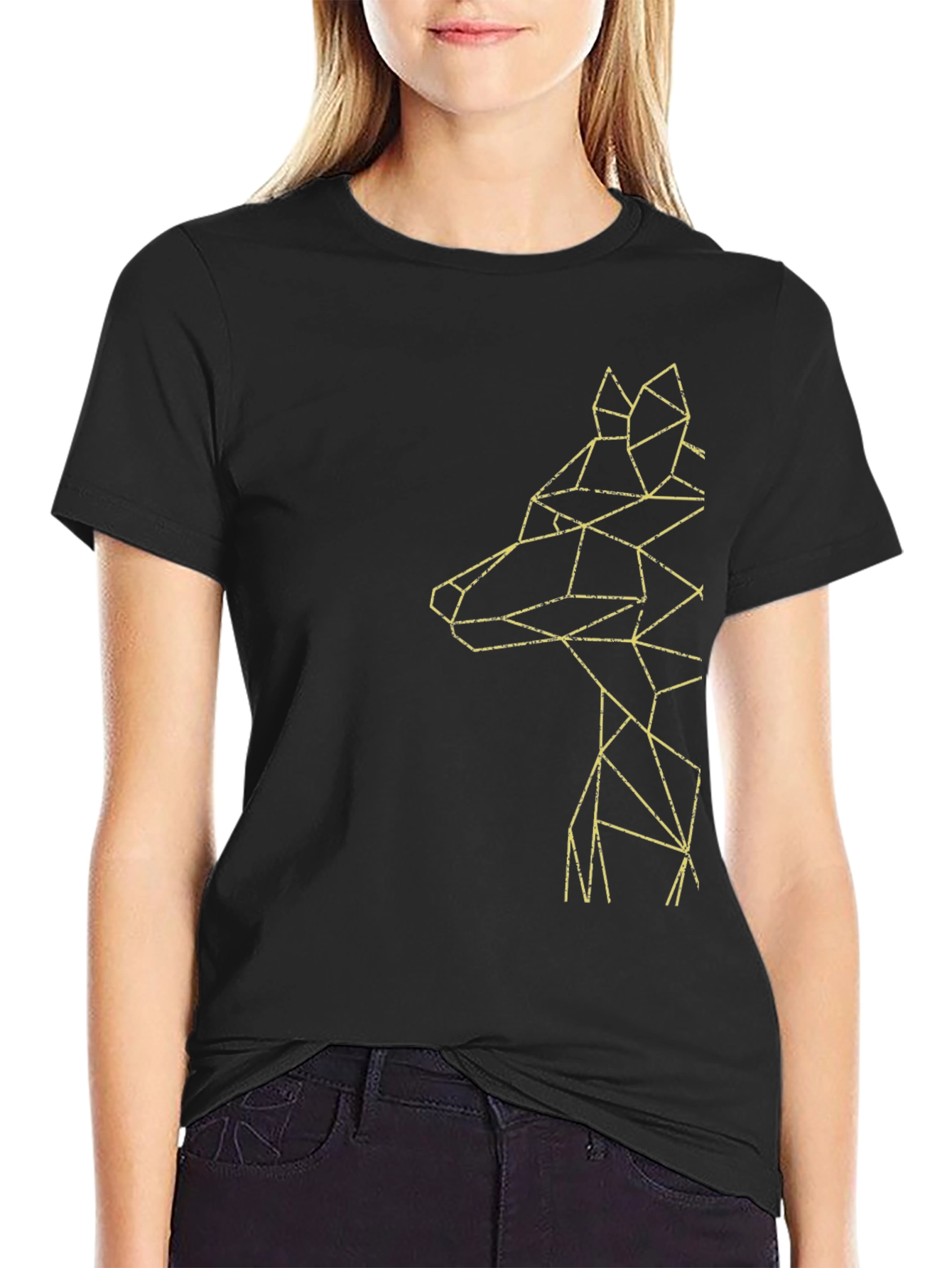 Geometric Wolf Graphic Tee - Modern Mens Black T-Shirt