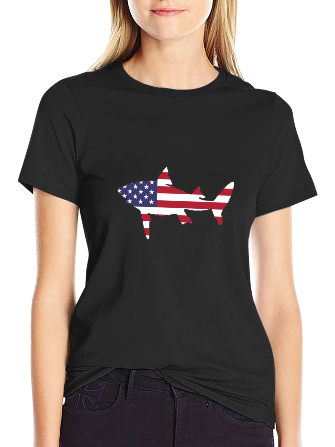 American Flag Shark Black T-Shirt