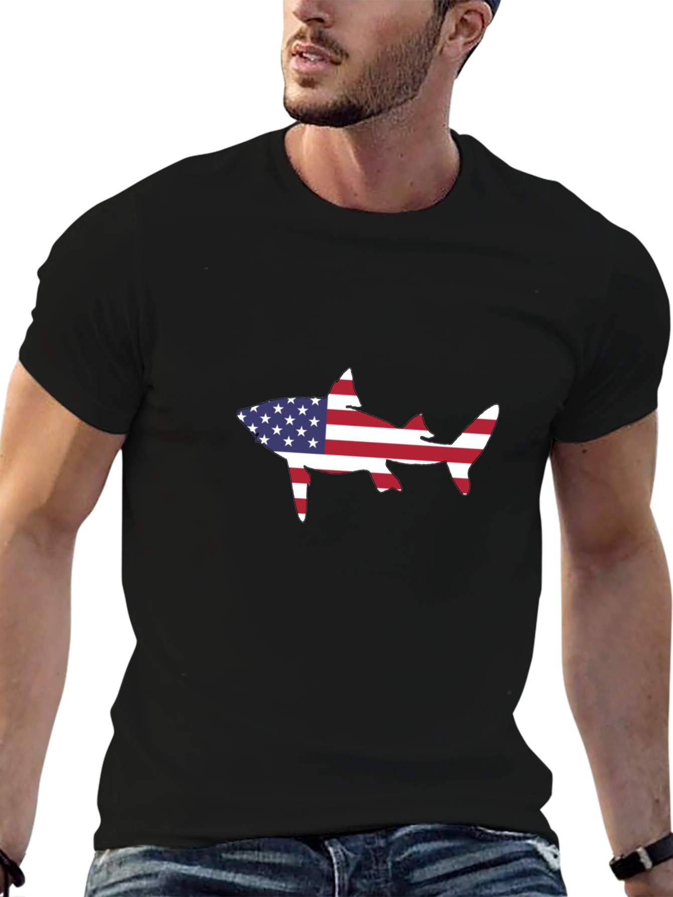 American Flag Shark Black T-Shirt