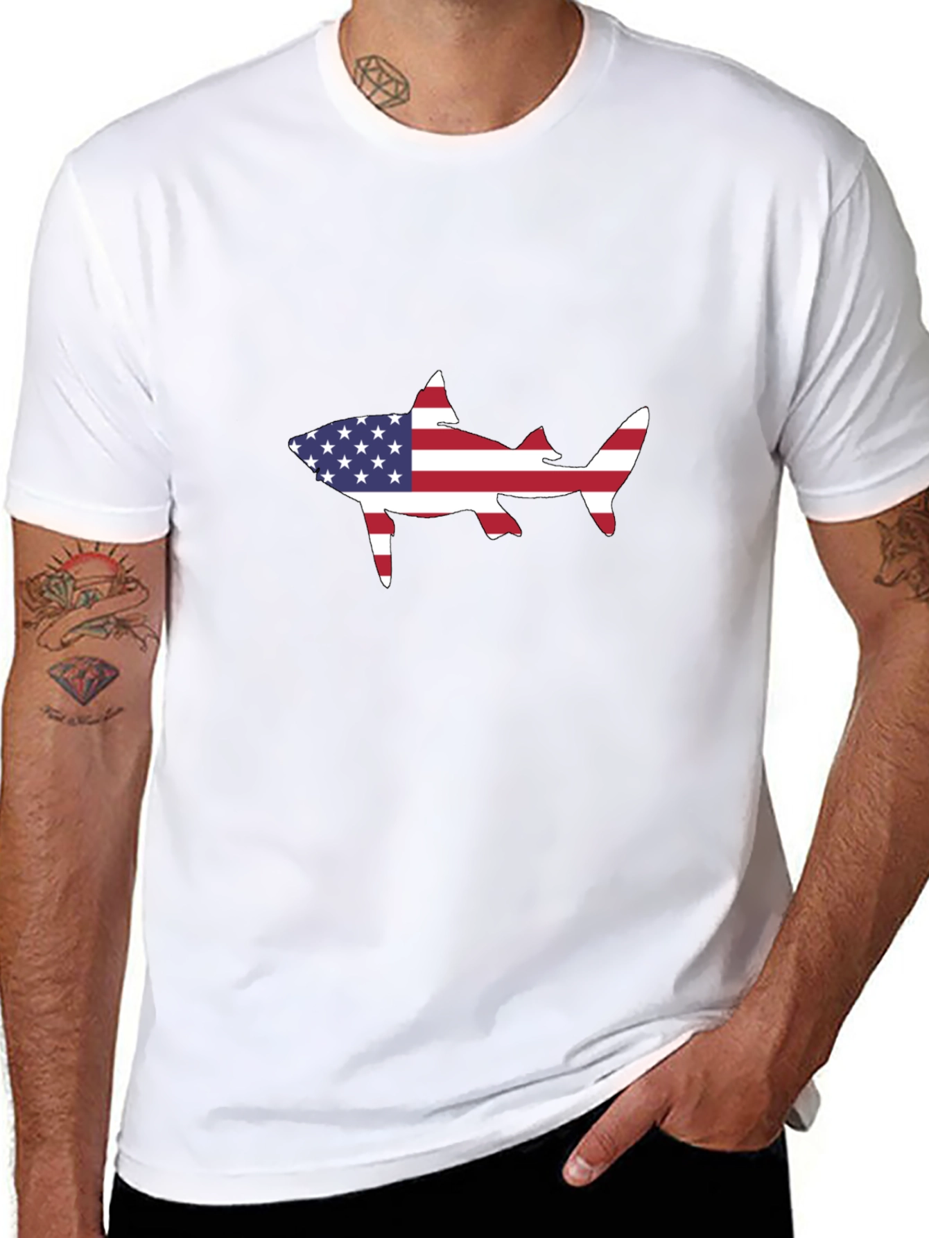 American Flag Shark Black T-Shirt