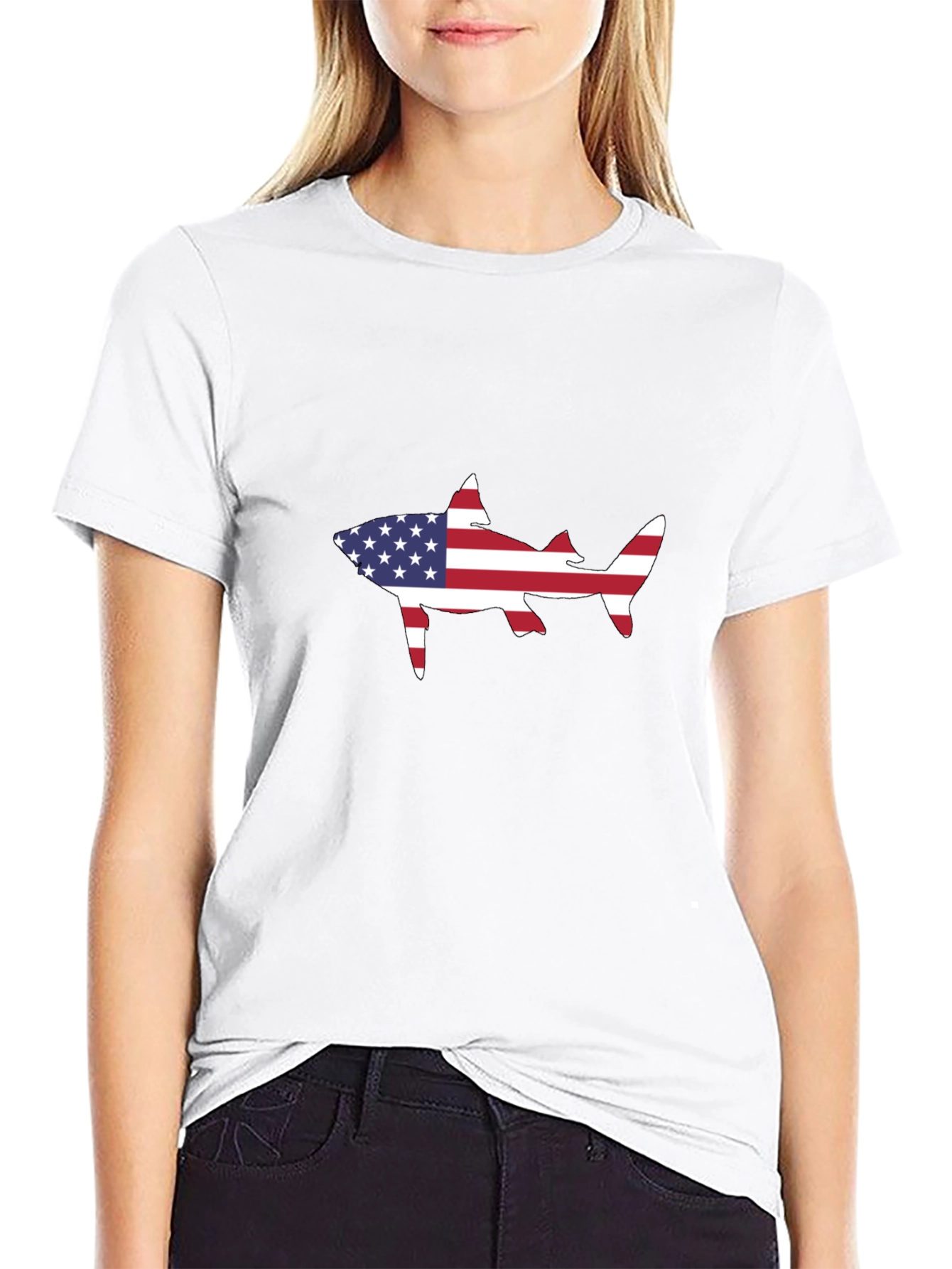 American Flag Shark Black T-Shirt
