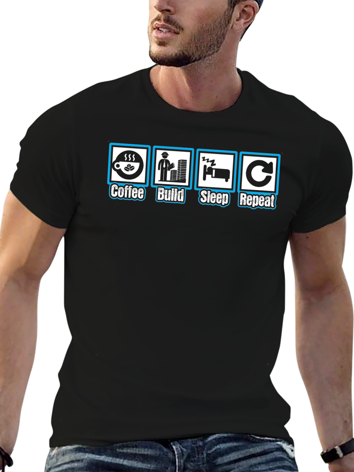 Coffee Build Sleep Repeat Black Graphic T-Shirt