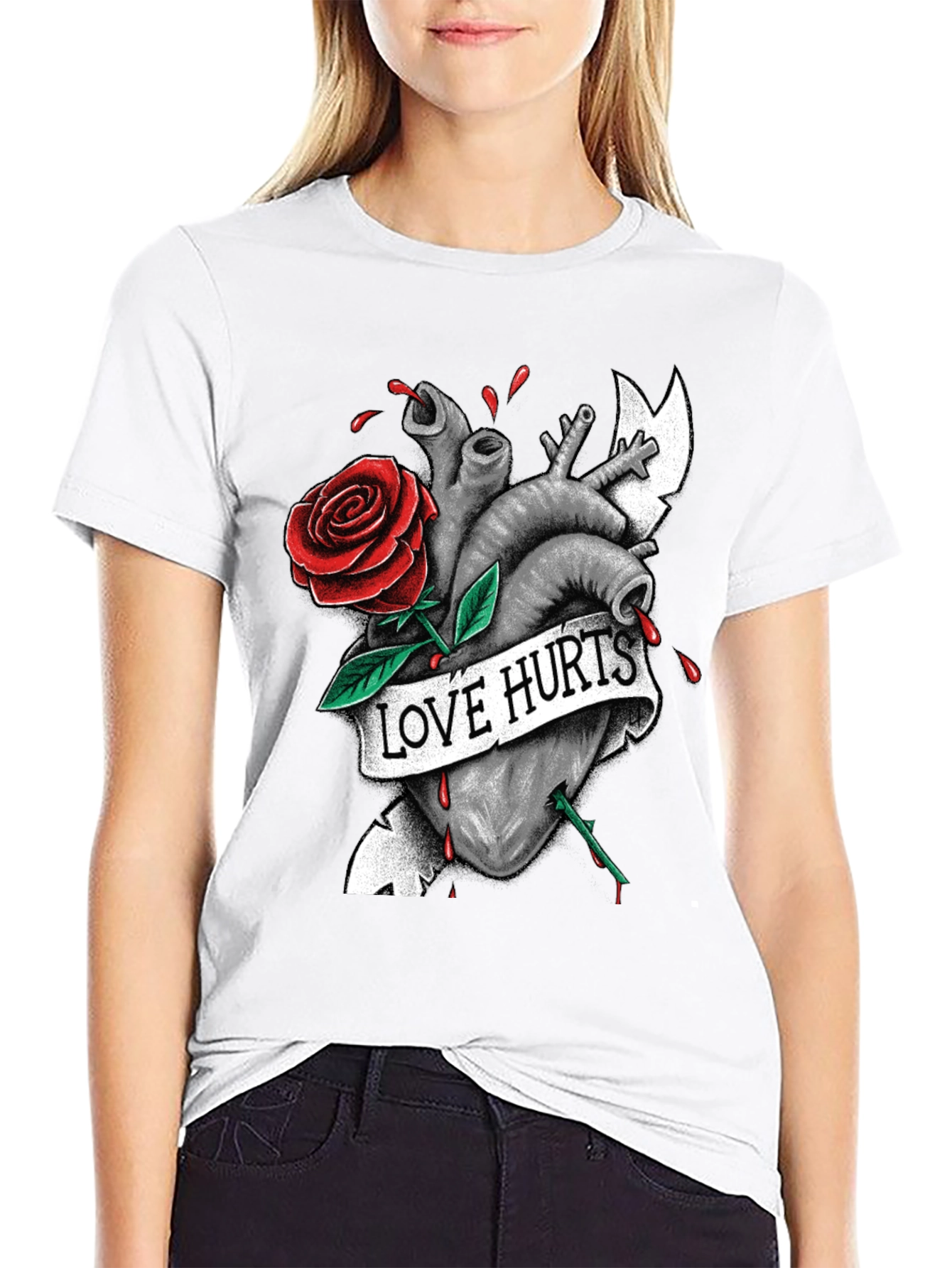 Love Hurts Graphic Tee - Heart & Rose Design