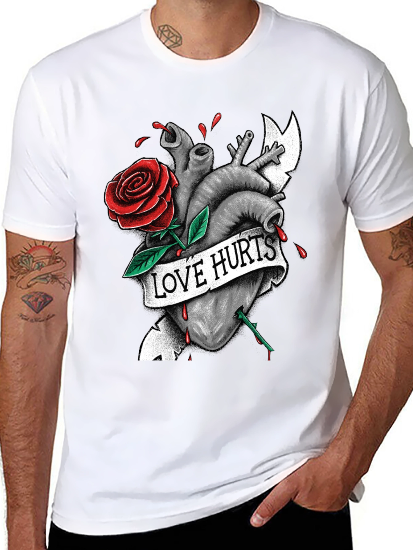 Love Hurts Graphic Tee - Heart & Rose Design