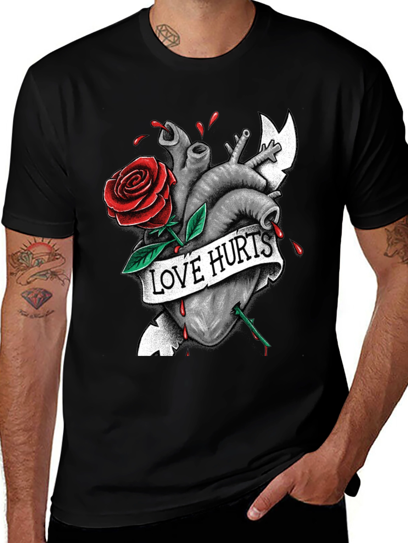 Love Hurts Graphic Tee - Heart & Rose Design