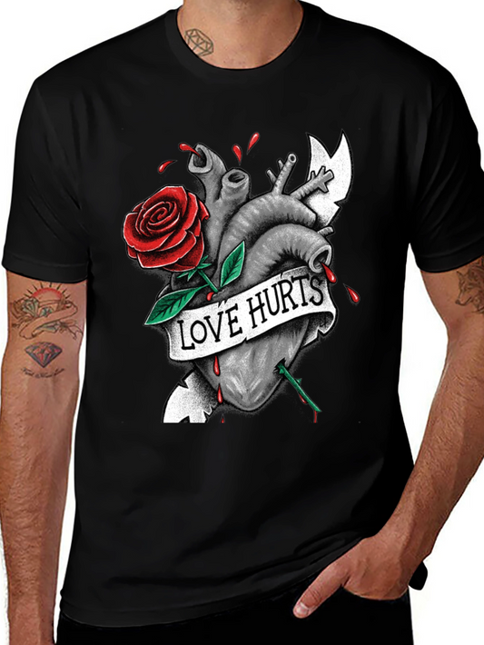 Love Hurts Graphic Tee - Heart & Rose Design