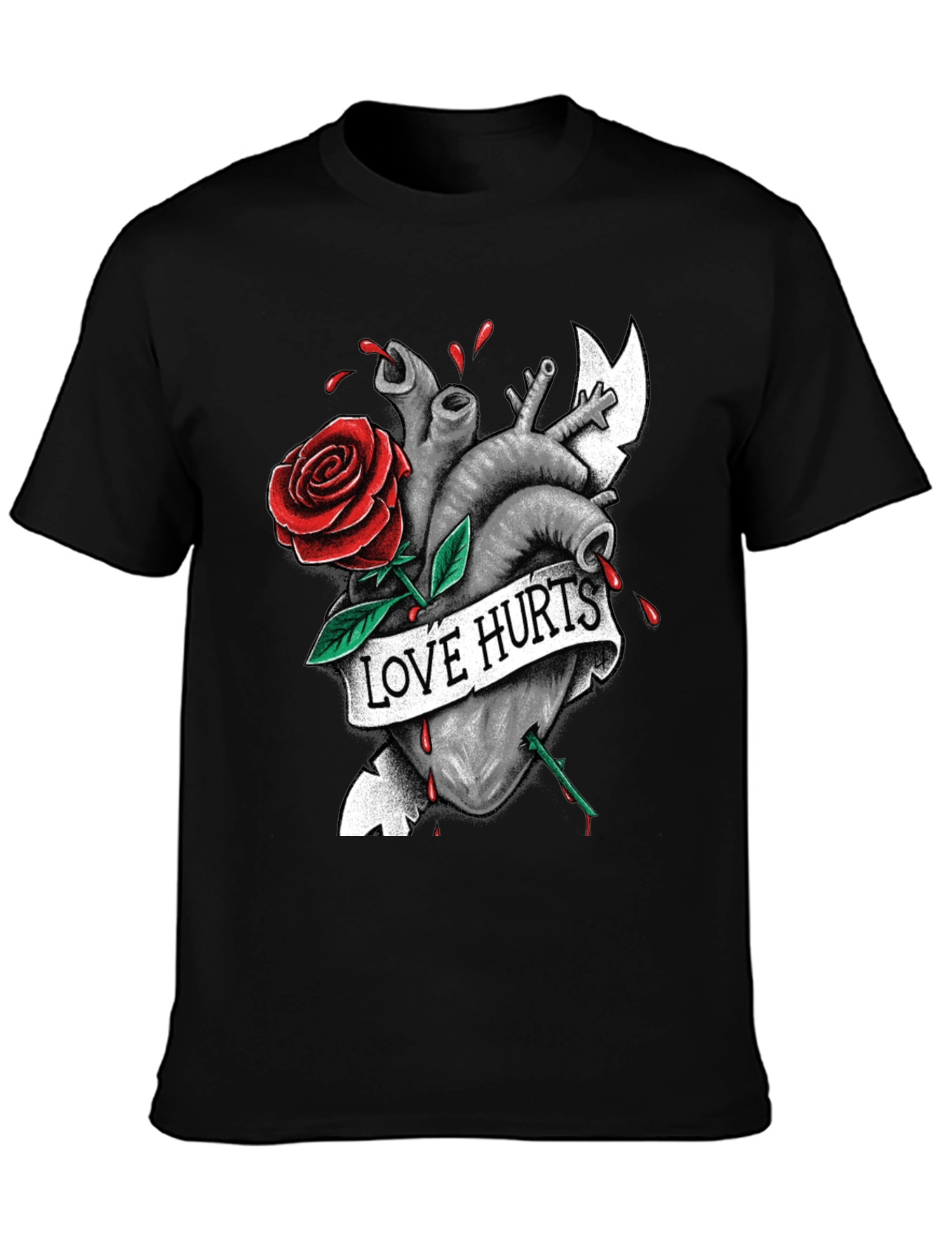 Love Hurts Graphic Tee - Heart & Rose Design