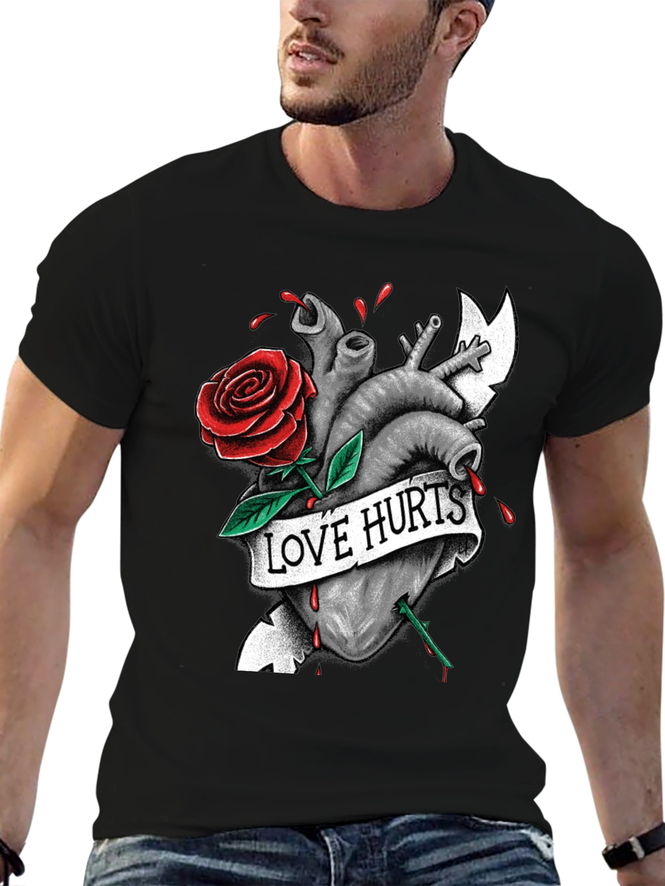Love Hurts Graphic Tee - Heart & Rose Design