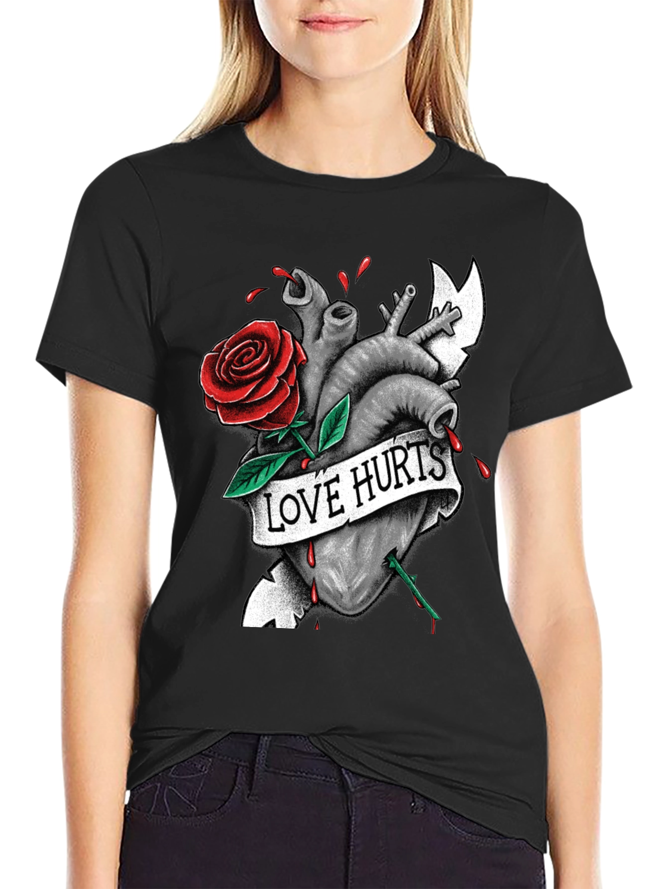 Love Hurts Graphic Tee - Heart & Rose Design