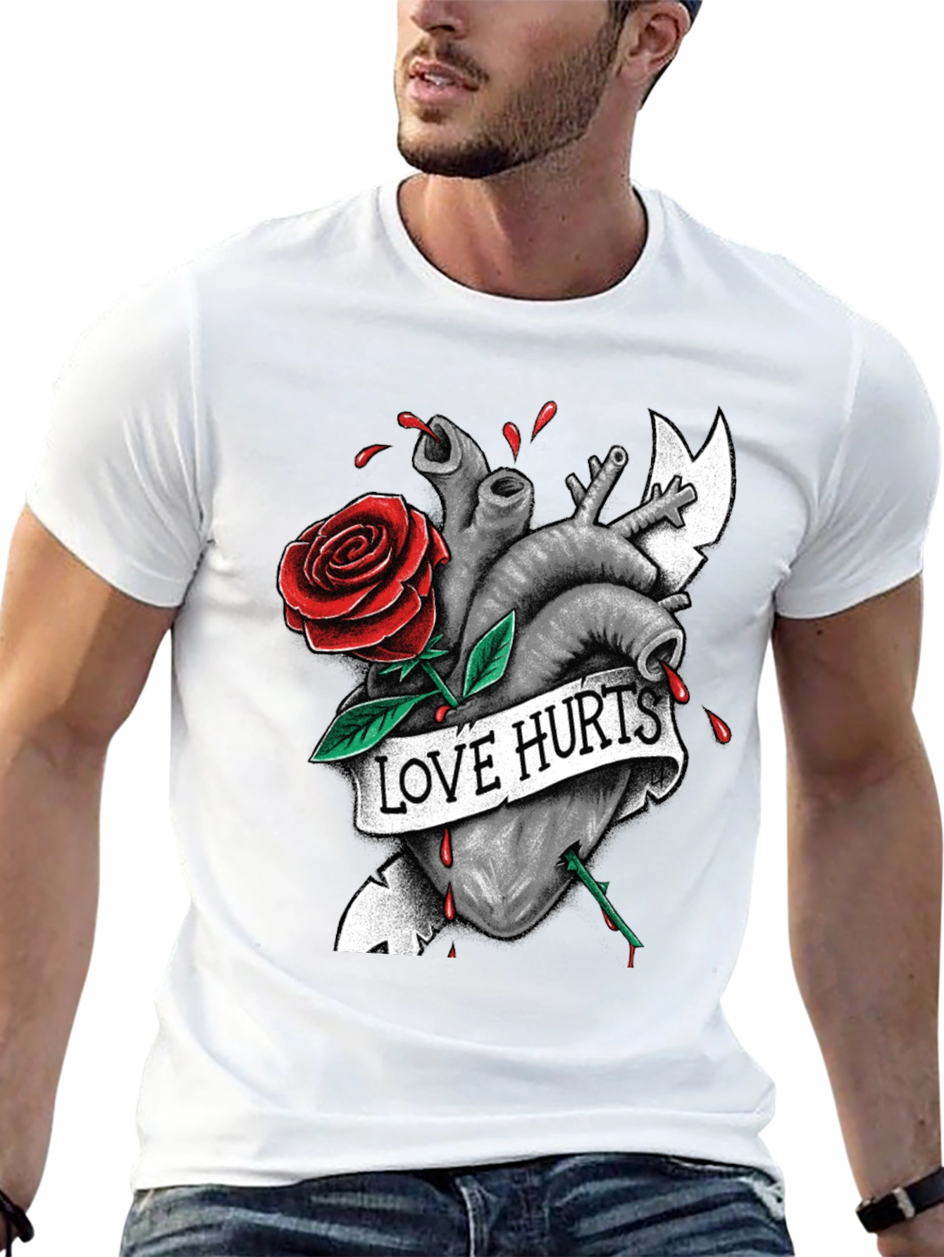 Love Hurts Graphic Tee - Heart & Rose Design