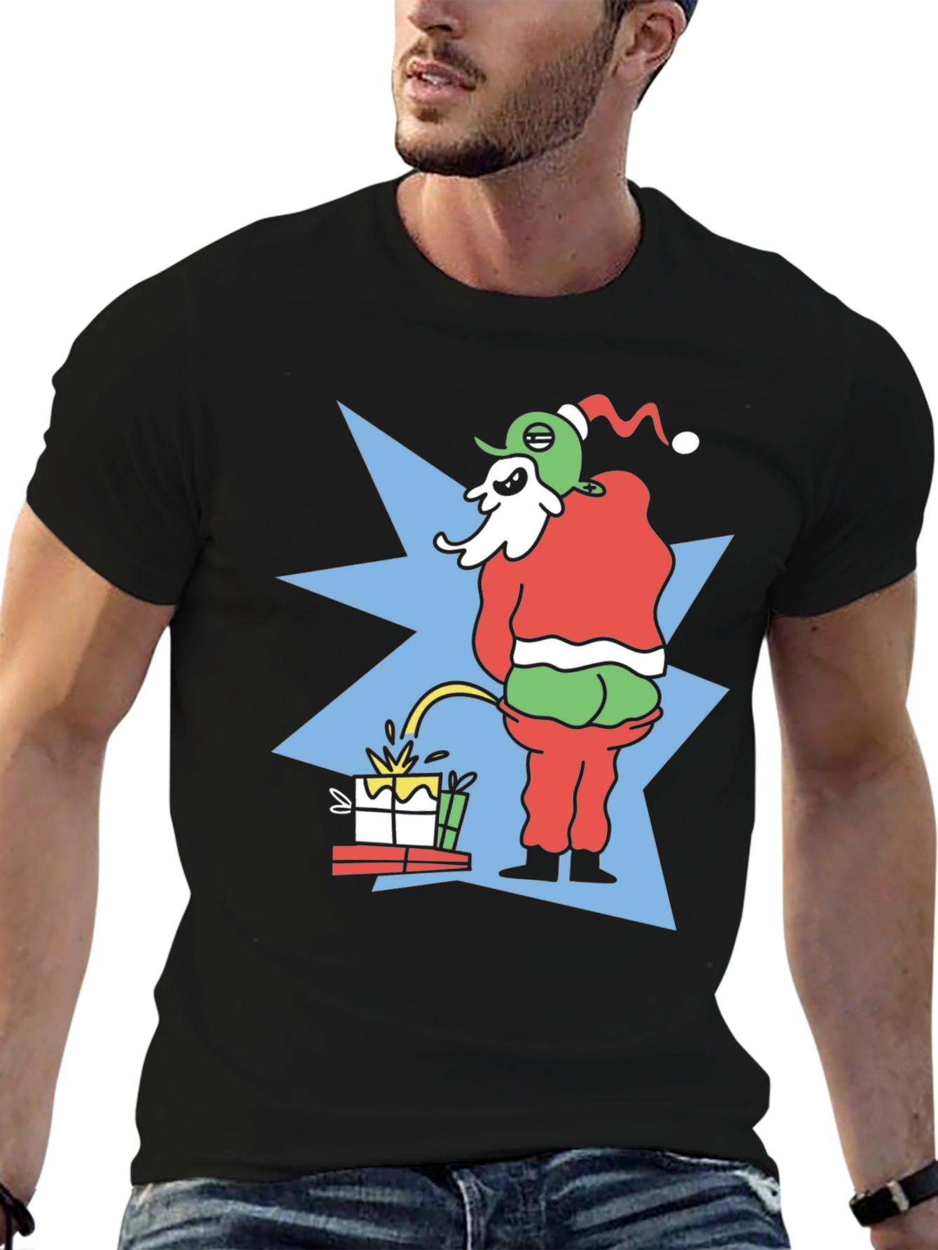 Grinch Peeing on Gifts Graphic T-Shirt Funny Christmas