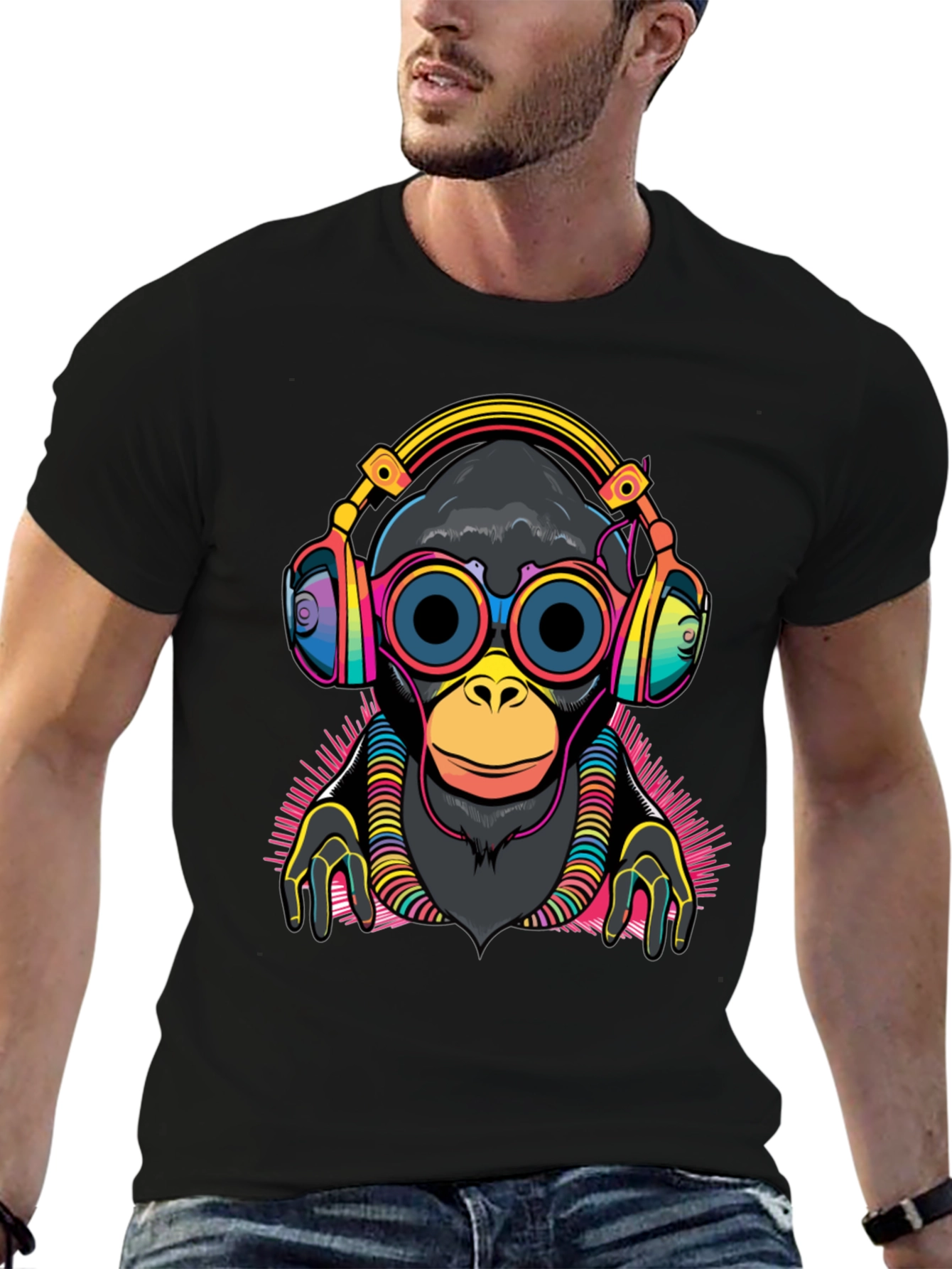 DJ Monkey Graphic Tee - Black Cotton T-Shirt