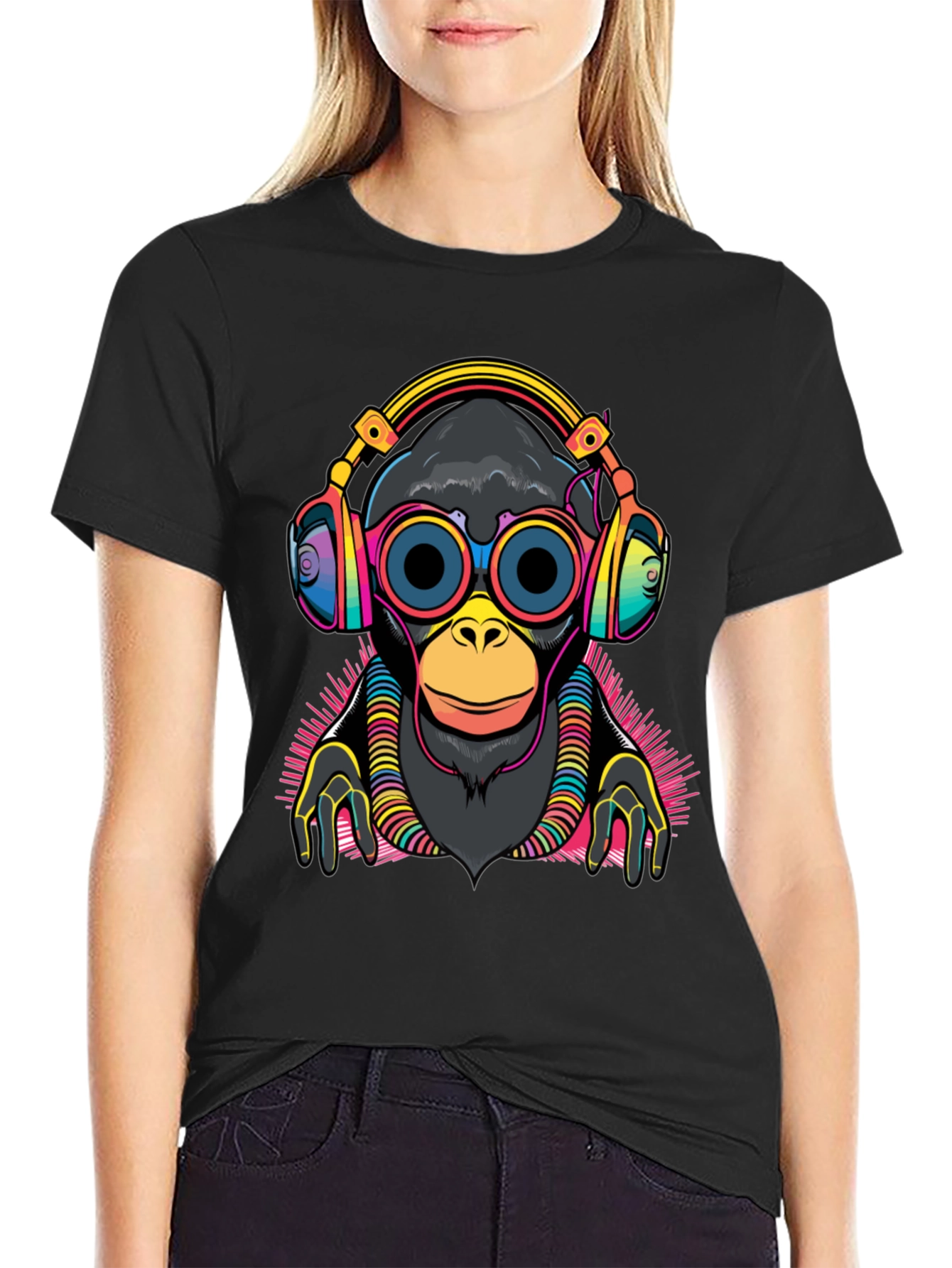 DJ Monkey Graphic Tee - Black Cotton T-Shirt