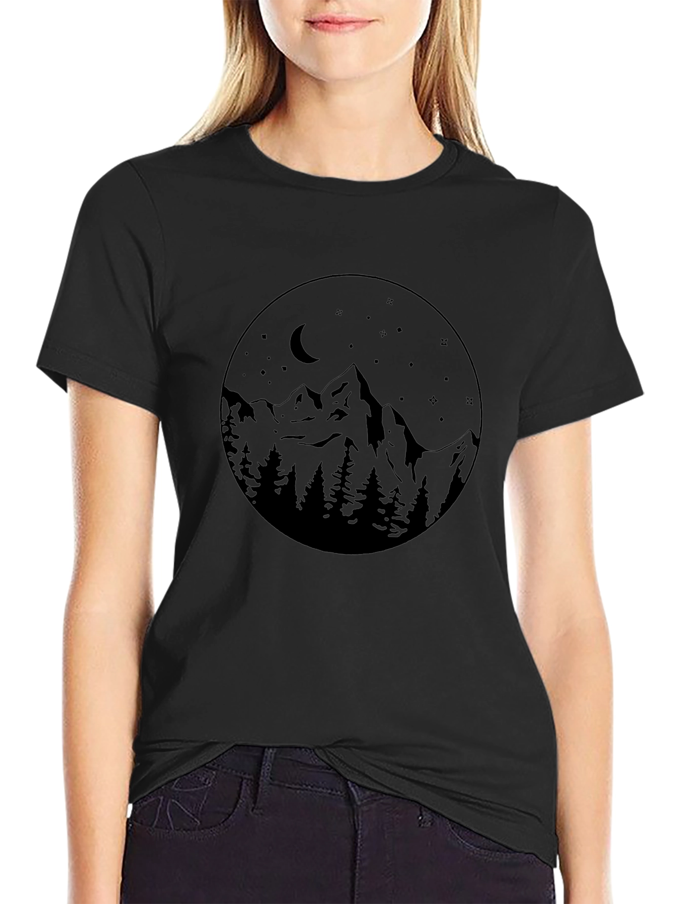 Mountain Moon Graphic Tee - Black Cotton Blend