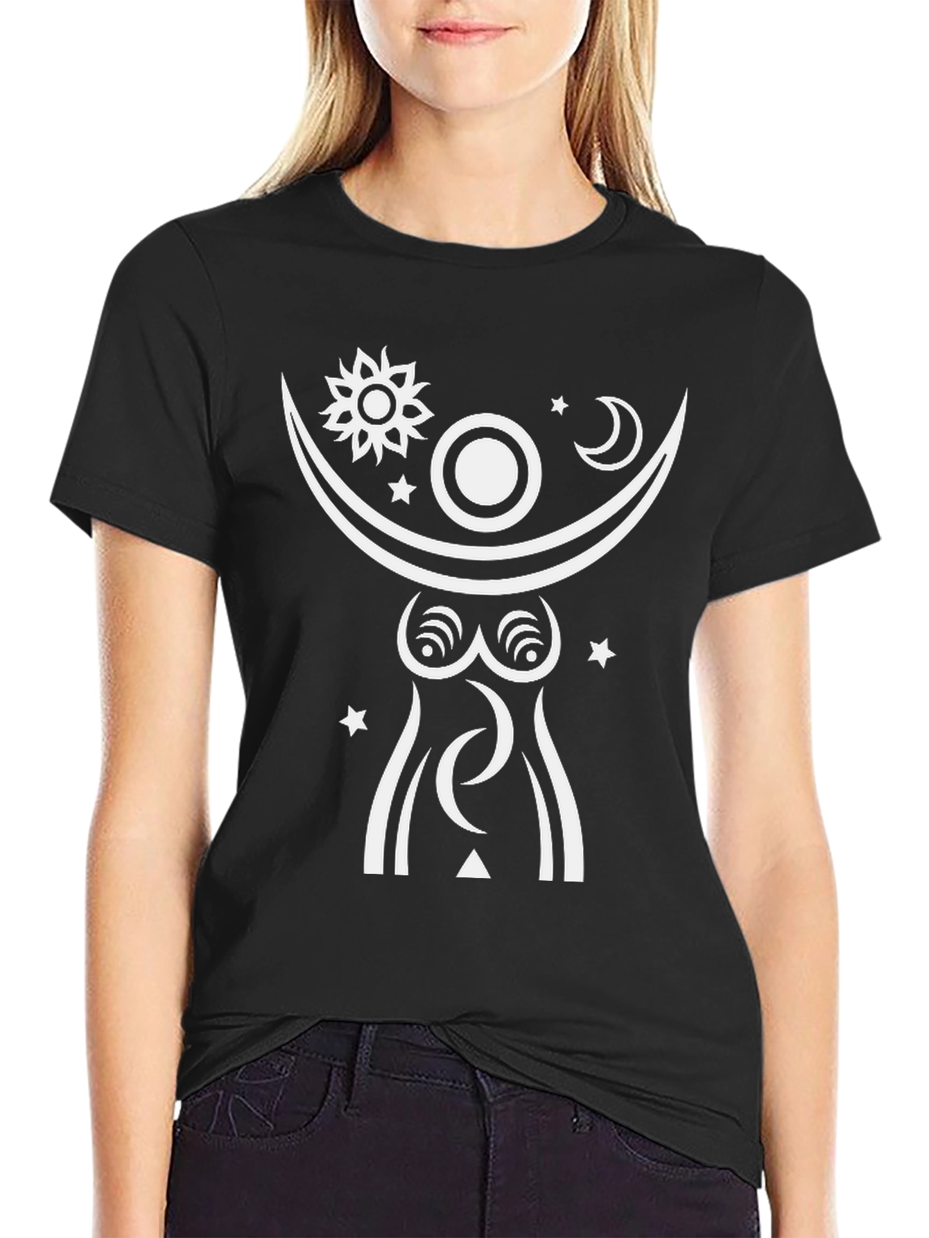 Celestial Goddess Graphic Tee - Black Cotton Shirt