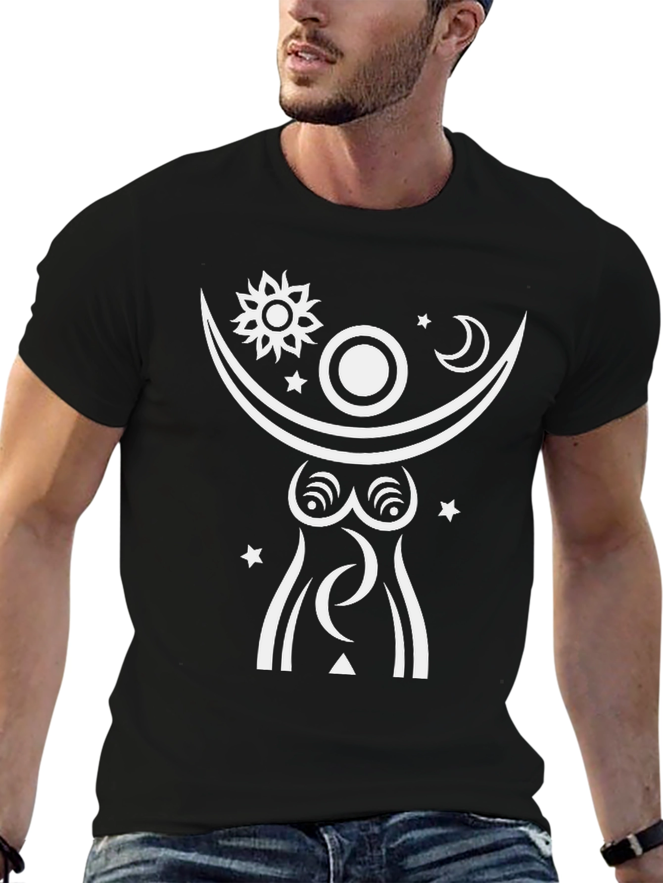 Celestial Goddess Graphic Tee - Black Cotton Shirt