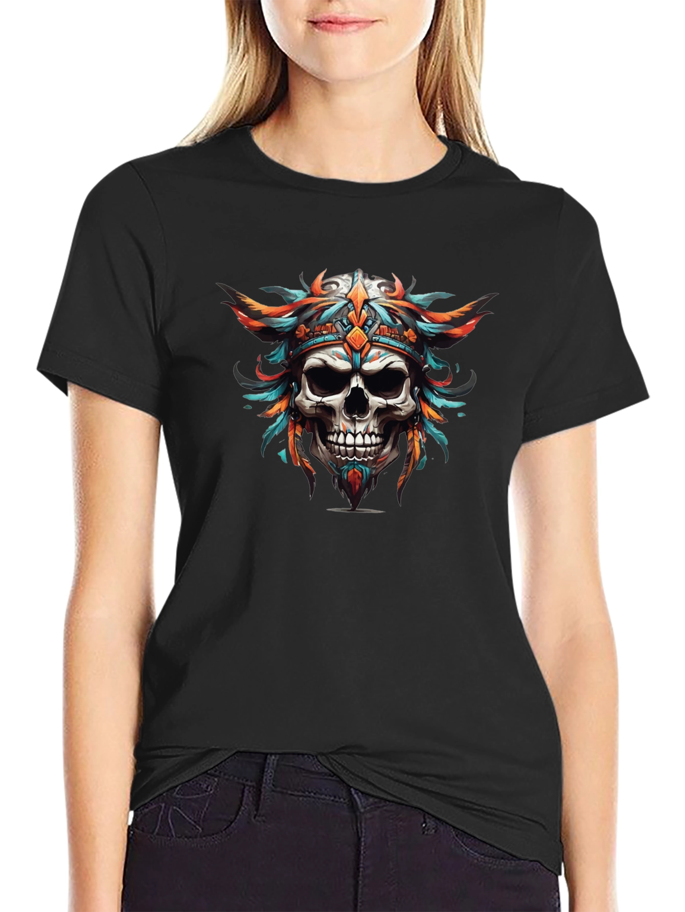 Skull Headdress Graphic Print Black T-Shirt