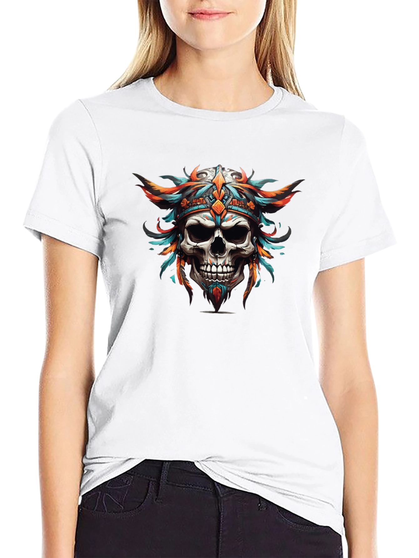 Skull Headdress Graphic Print Black T-Shirt