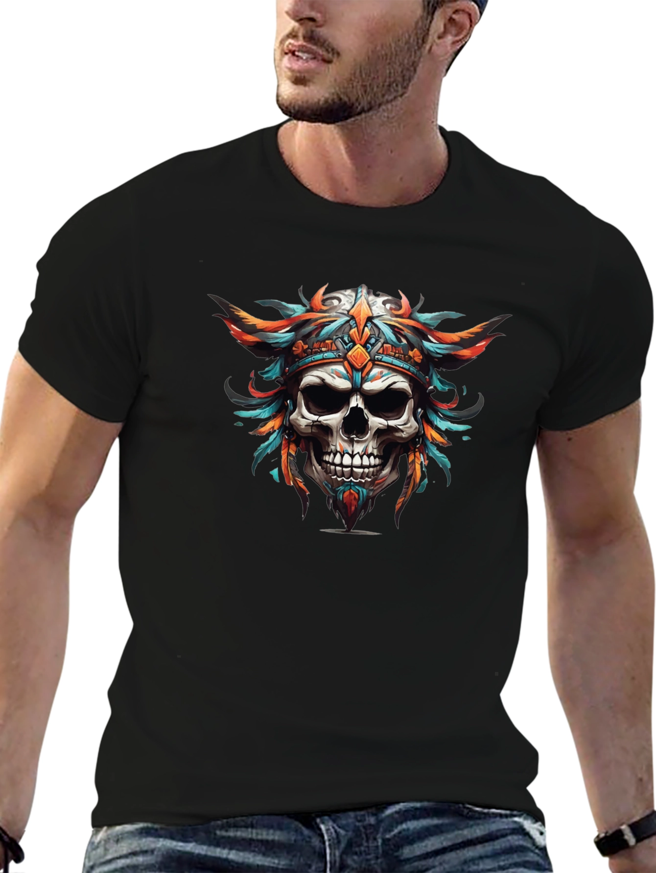 Skull Headdress Graphic Print Black T-Shirt