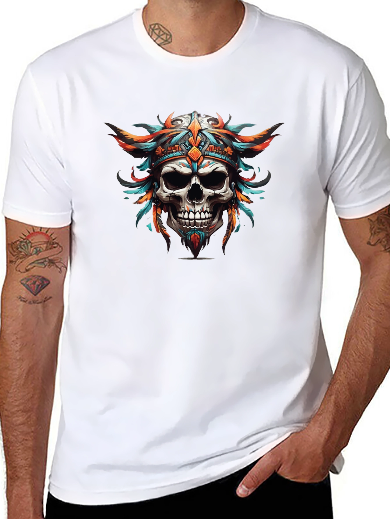 Skull Headdress Graphic Print Black T-Shirt