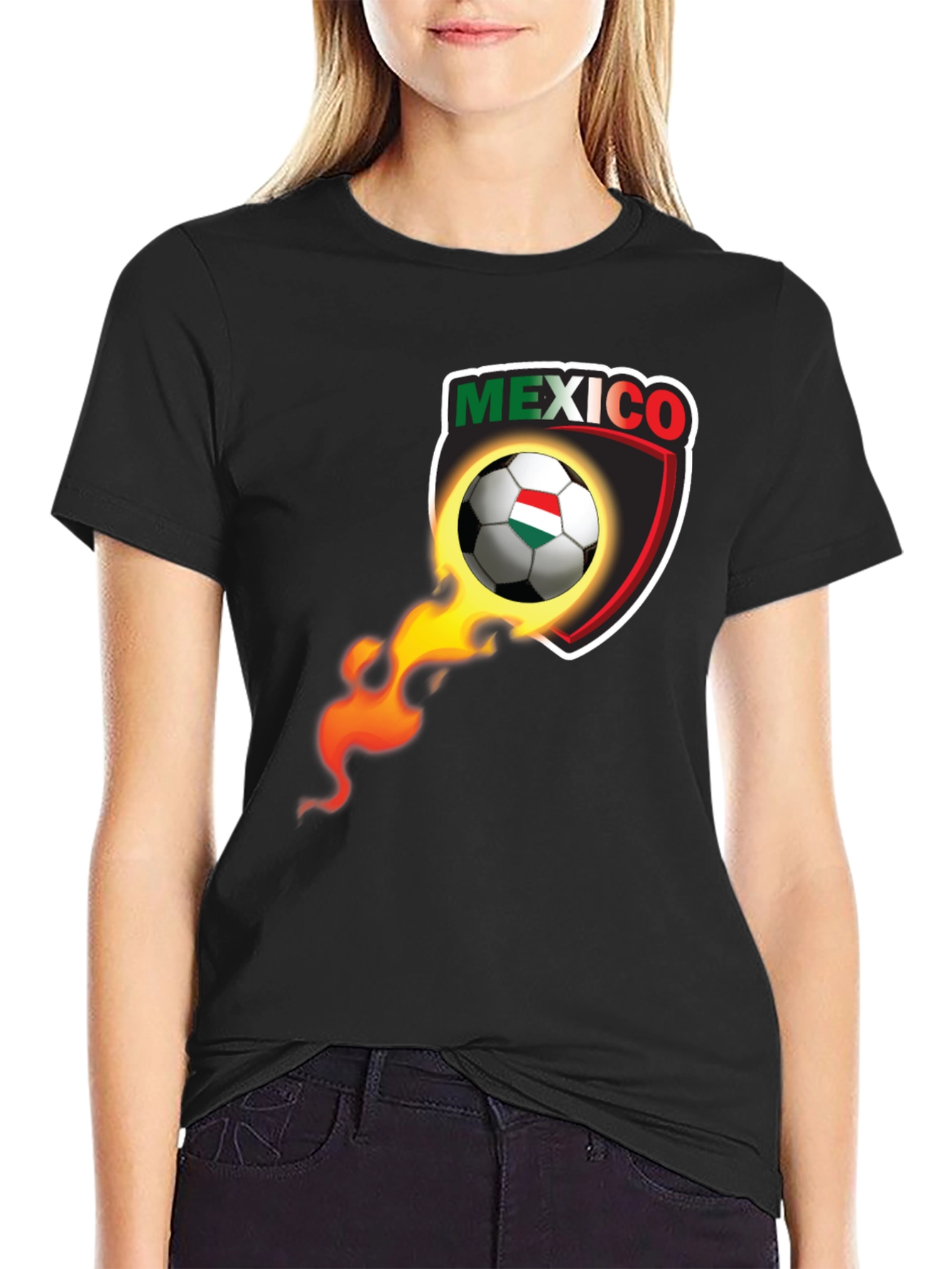 Mexico Soccer Ball Fire Shield Graphic T-Shirt