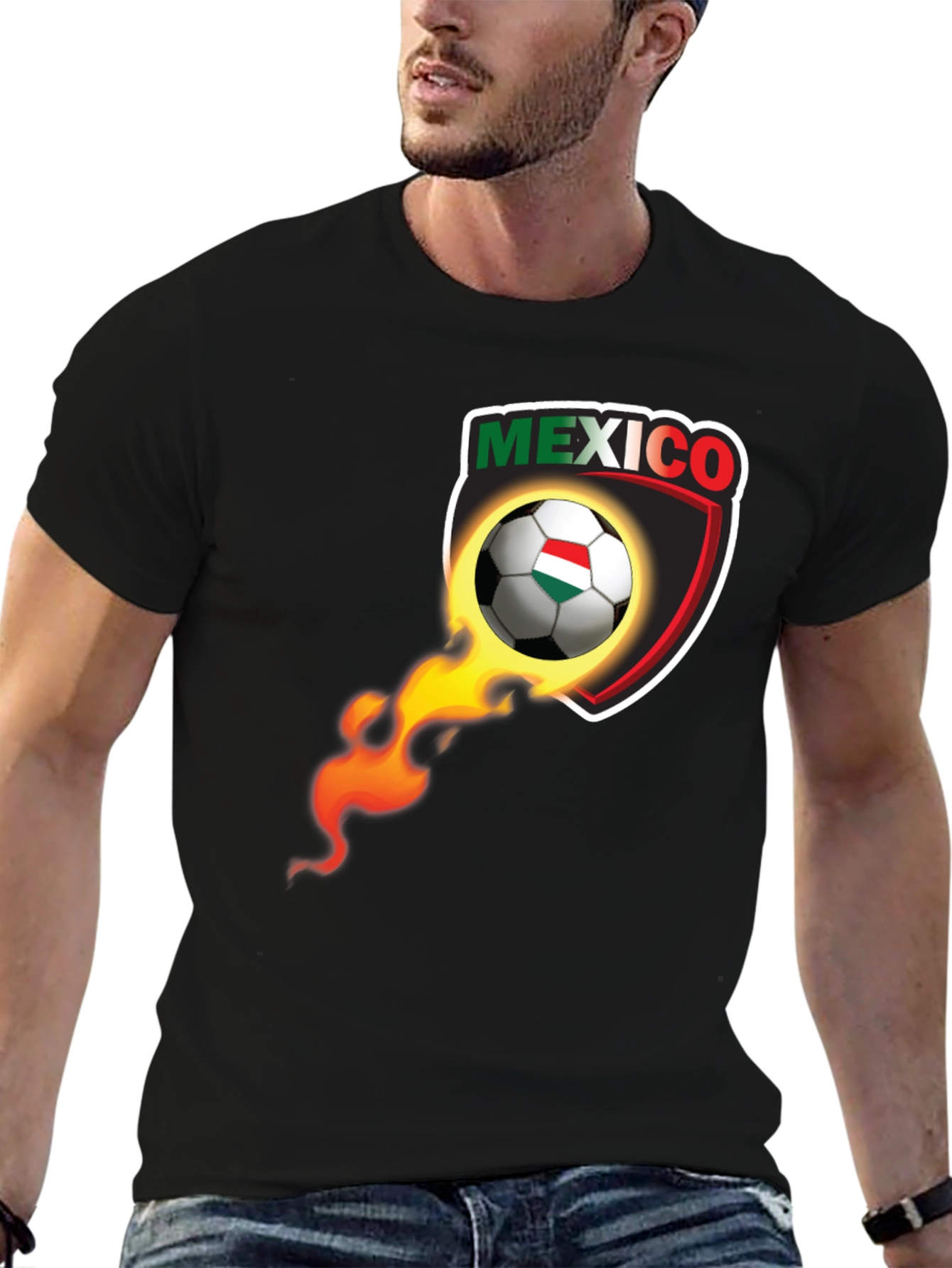 Mexico Soccer Ball Fire Shield Graphic T-Shirt