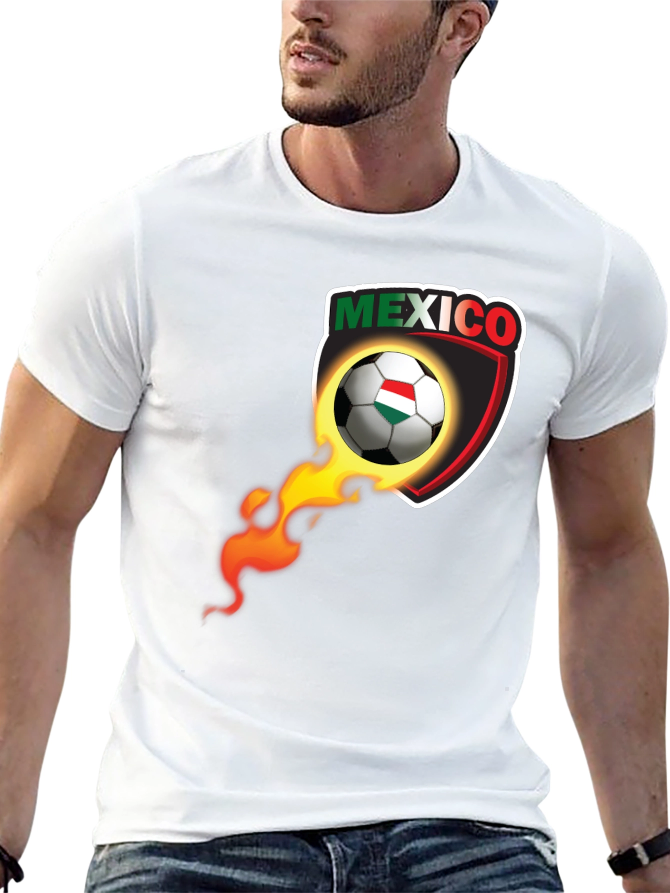 Mexico Soccer Ball Fire Shield Graphic T-Shirt