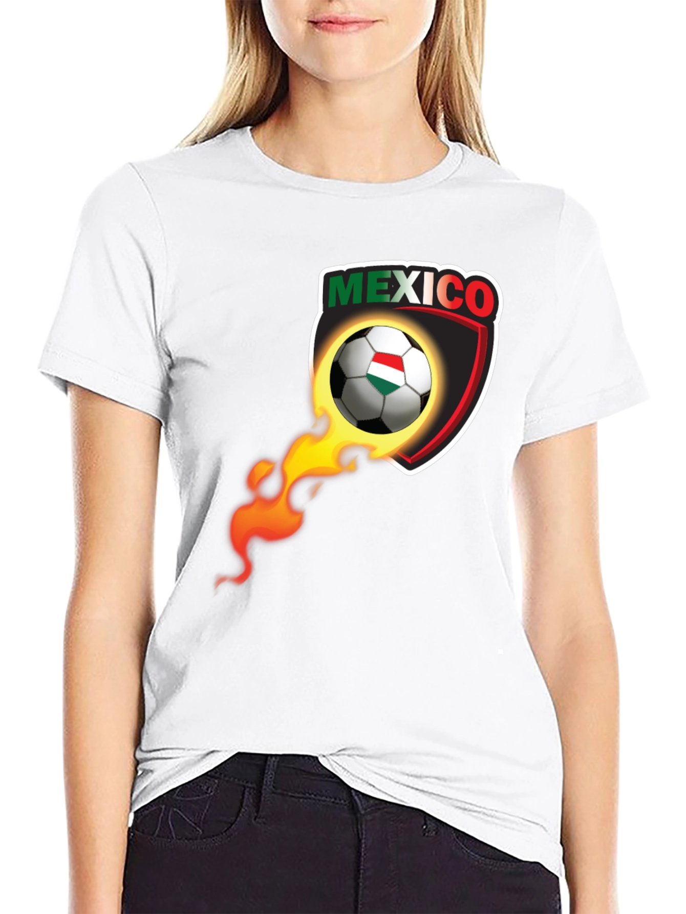 Mexico Soccer Ball Fire Shield Graphic T-Shirt