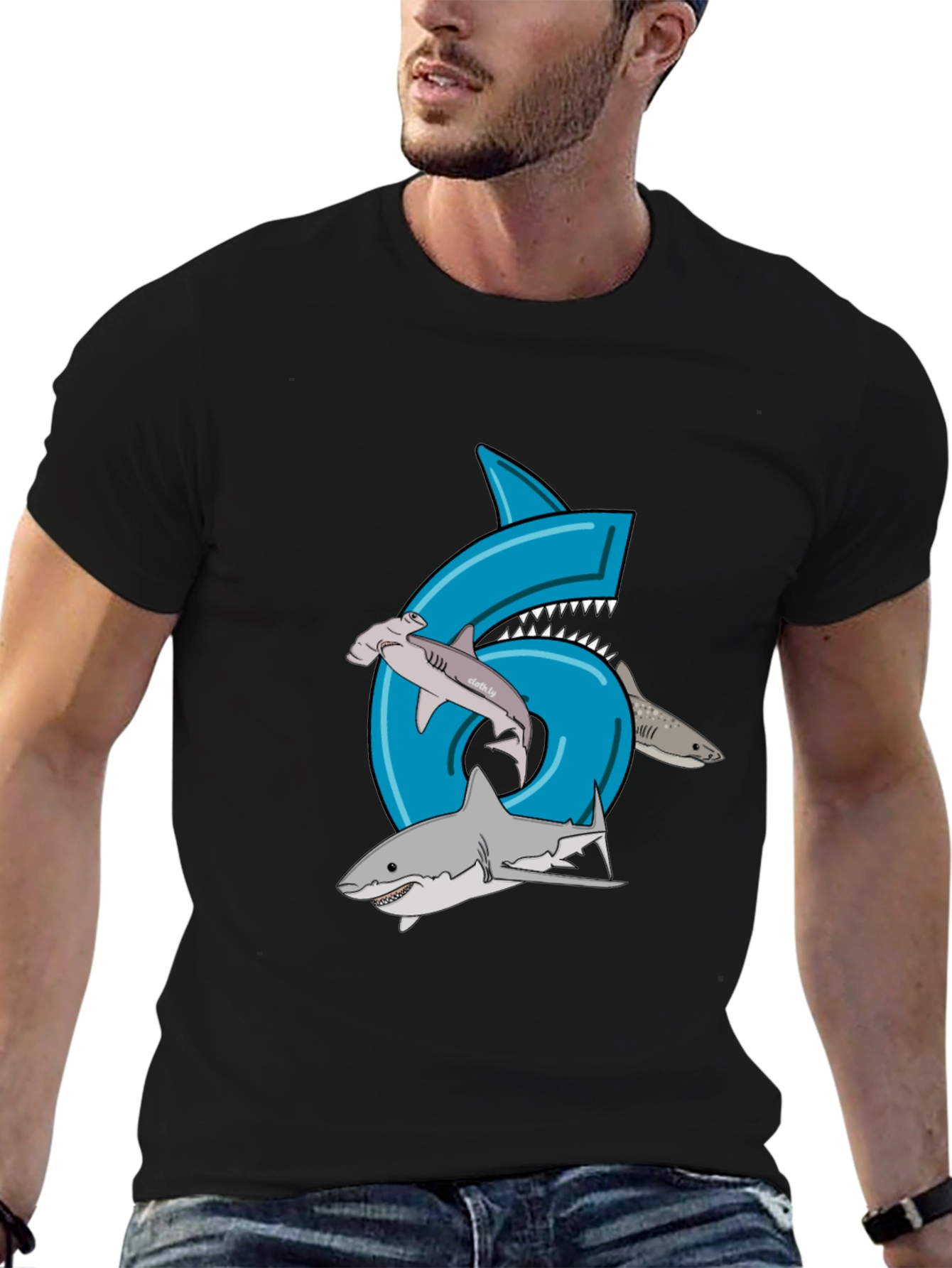 Shark Birthday 6 T-Shirt - Black Cotton