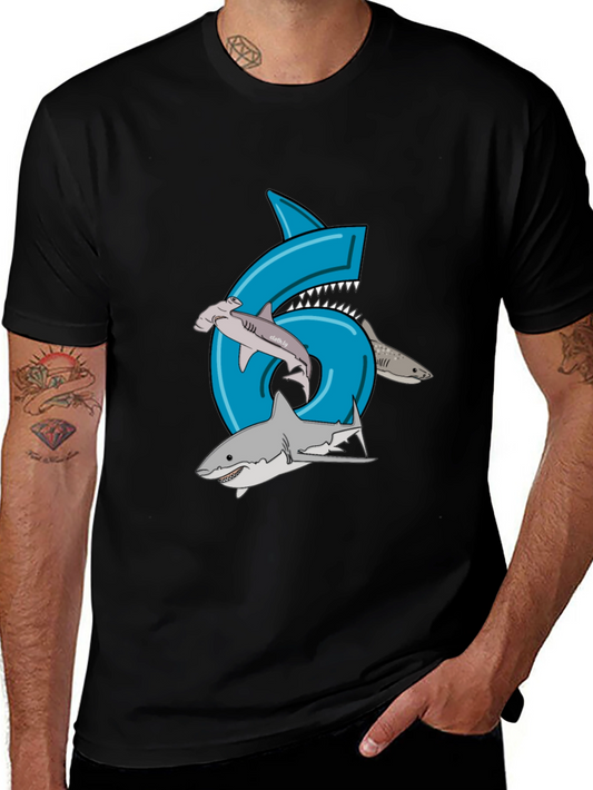 Shark Birthday 6 T-Shirt - Black Cotton