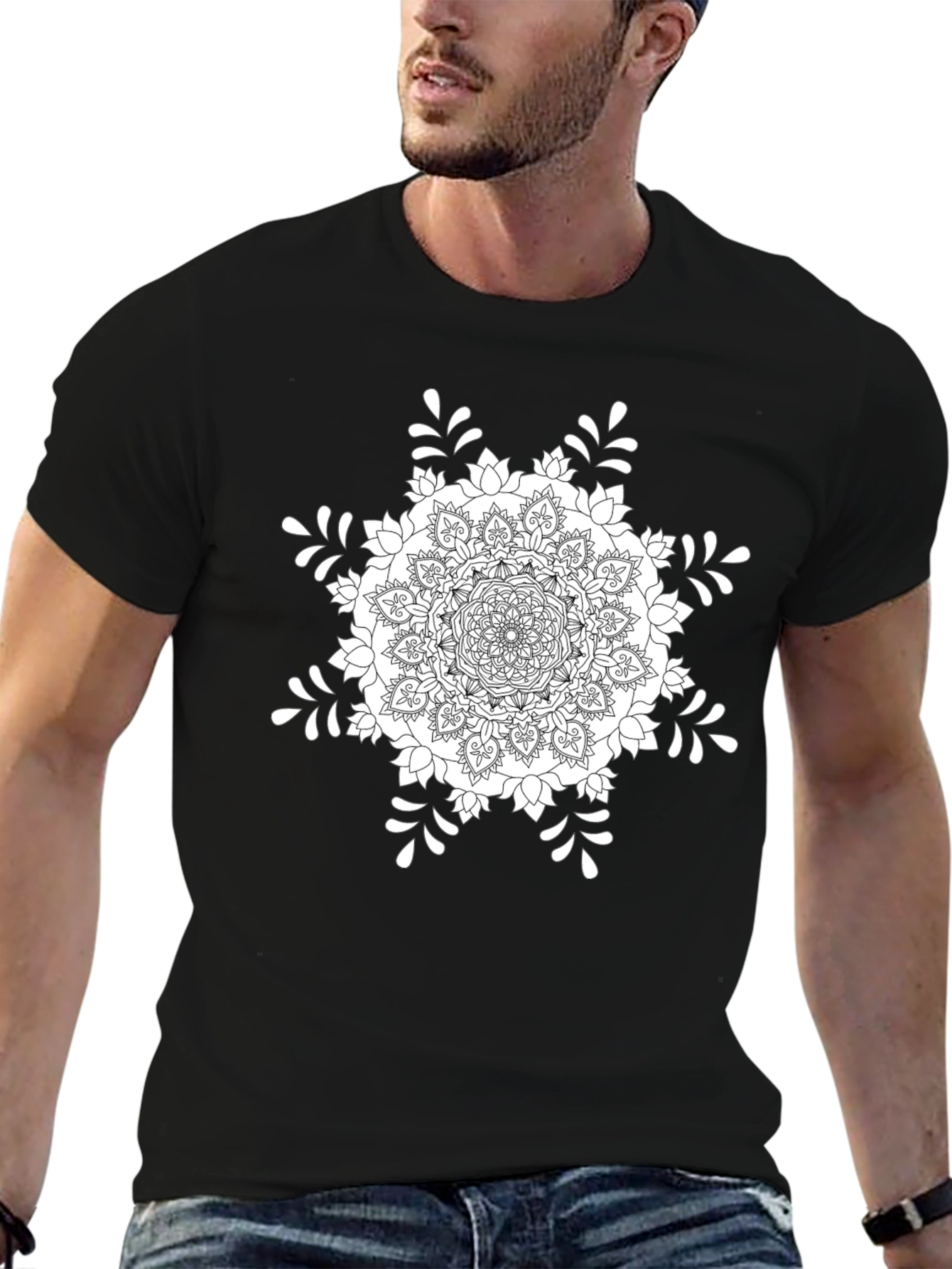Black T-Shirt with White Mandala Design
