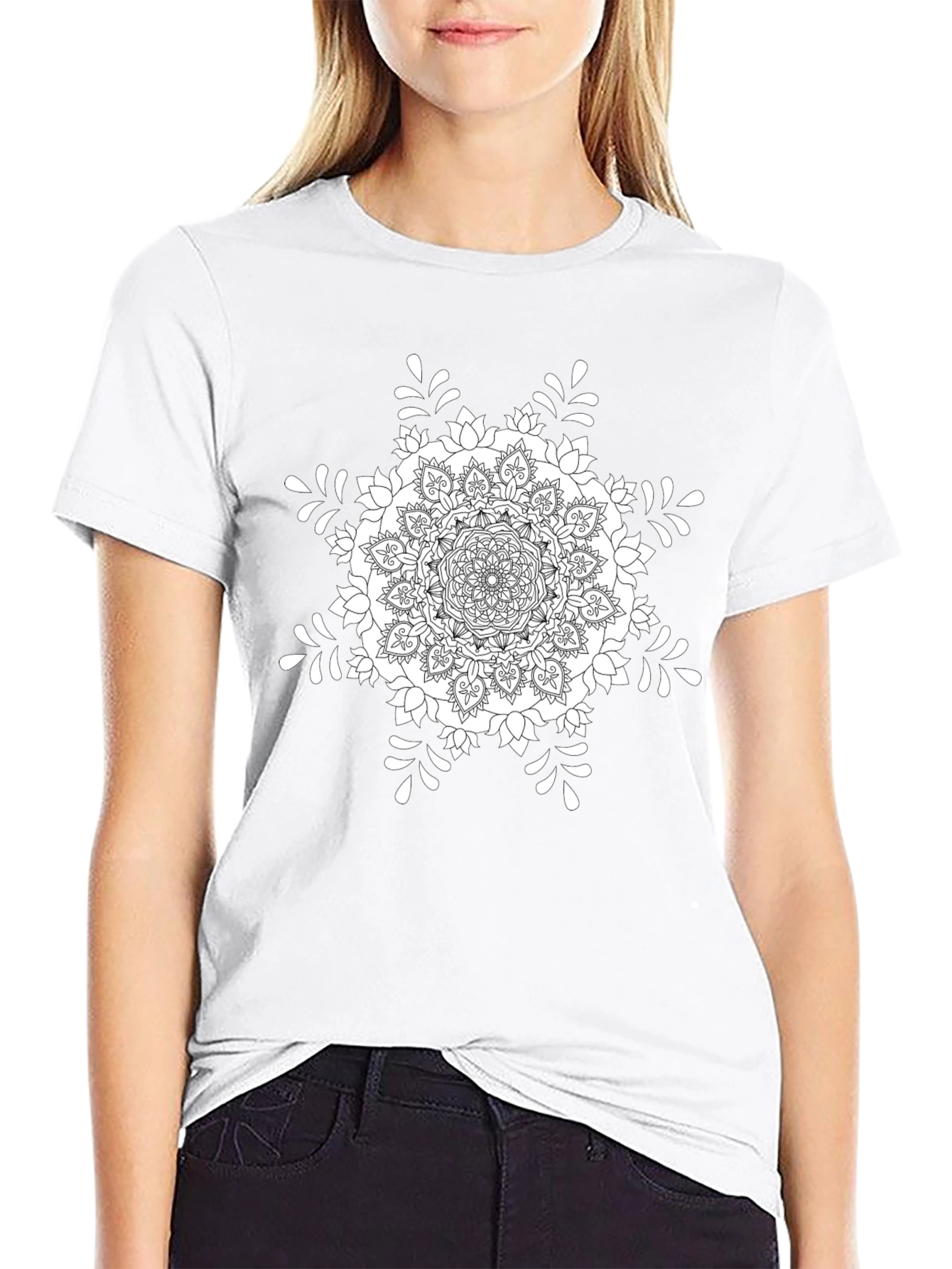 Black T-Shirt with White Mandala Design