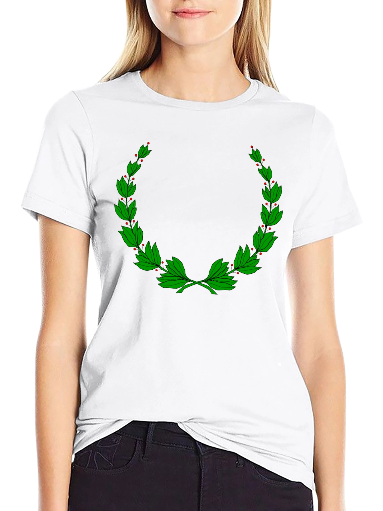 Classic Black T-Shirt with Green Laurel Wreath Design