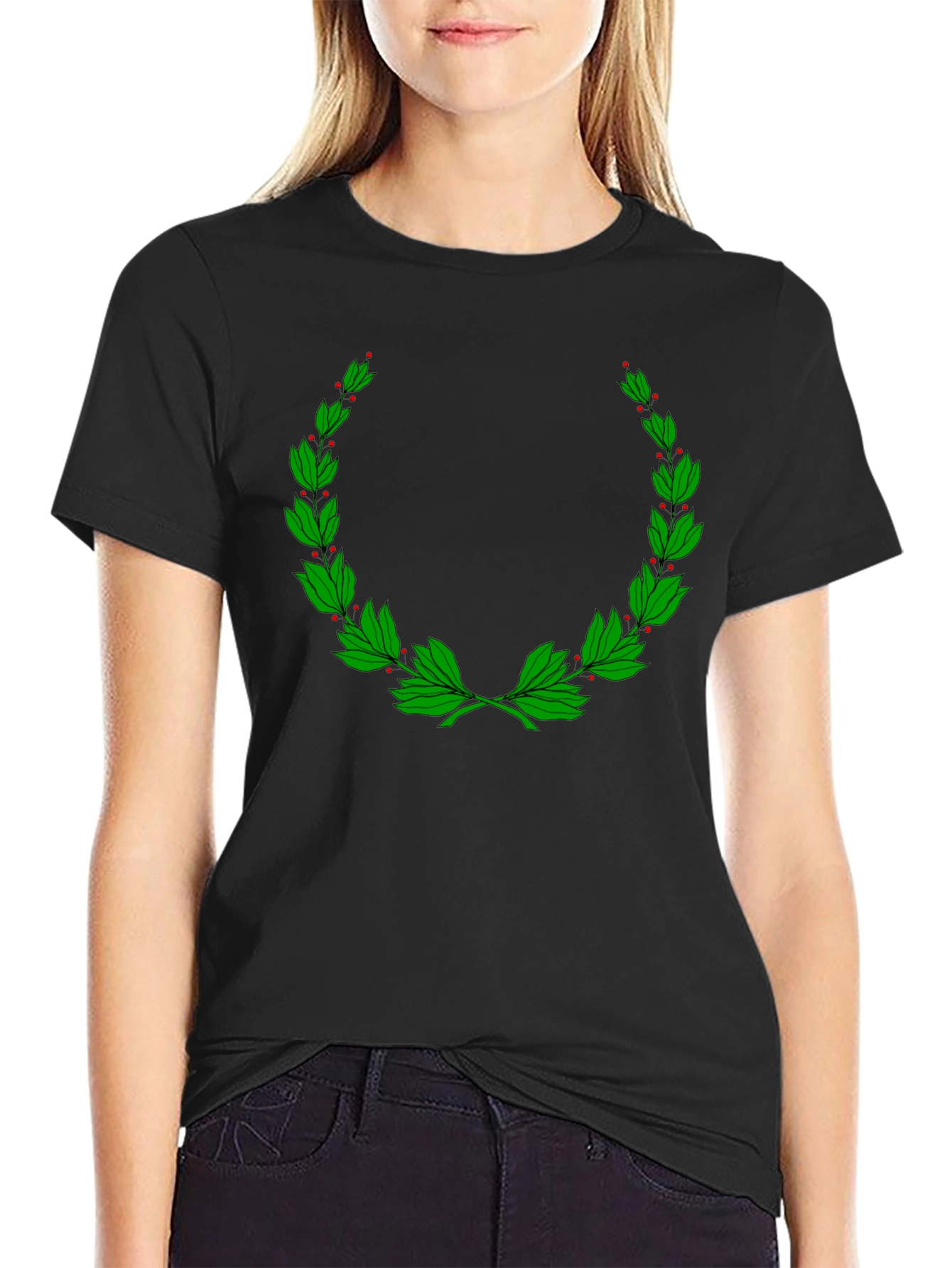 Classic Black T-Shirt with Green Laurel Wreath Design