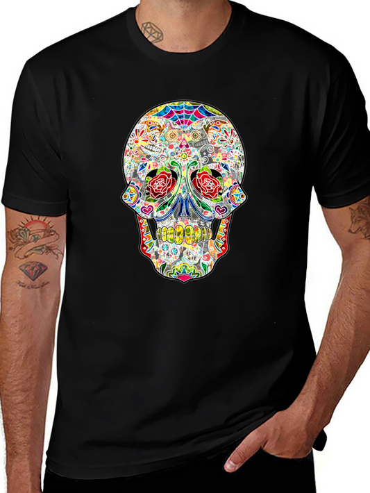 Colorful Sugar Skull Graphic Tee - Mens Black T-Shirt