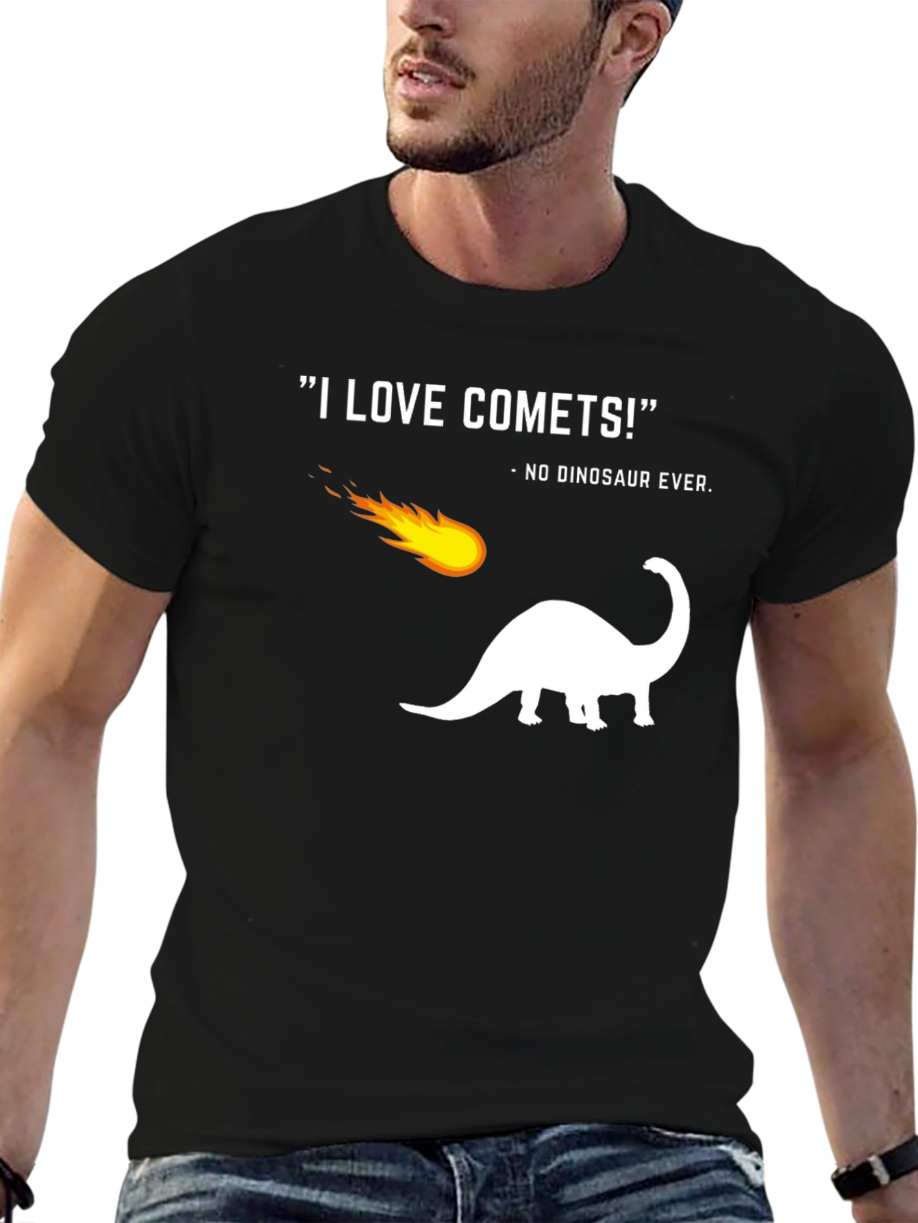 Funny Comet Dinosaur Graphic Black T-Shirt