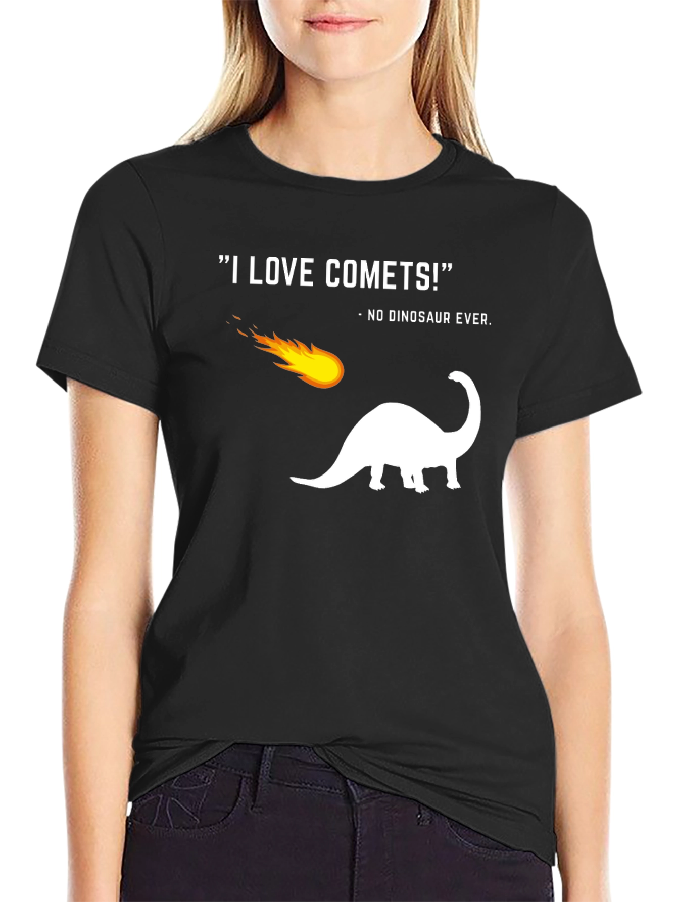 Funny Comet Dinosaur Graphic Black T-Shirt