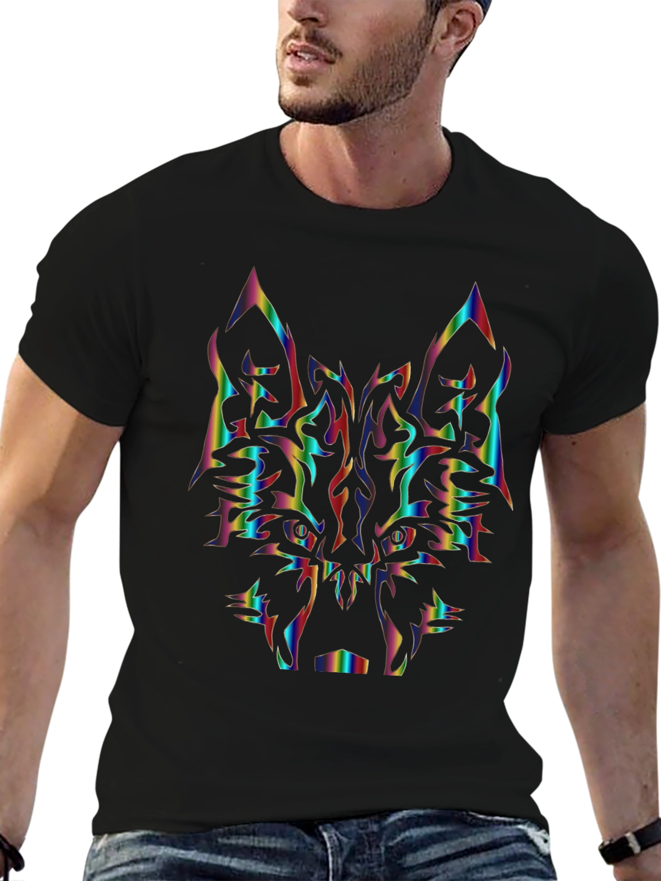 Rainbow Wolf Graphic Tee - Black Cotton Shirt