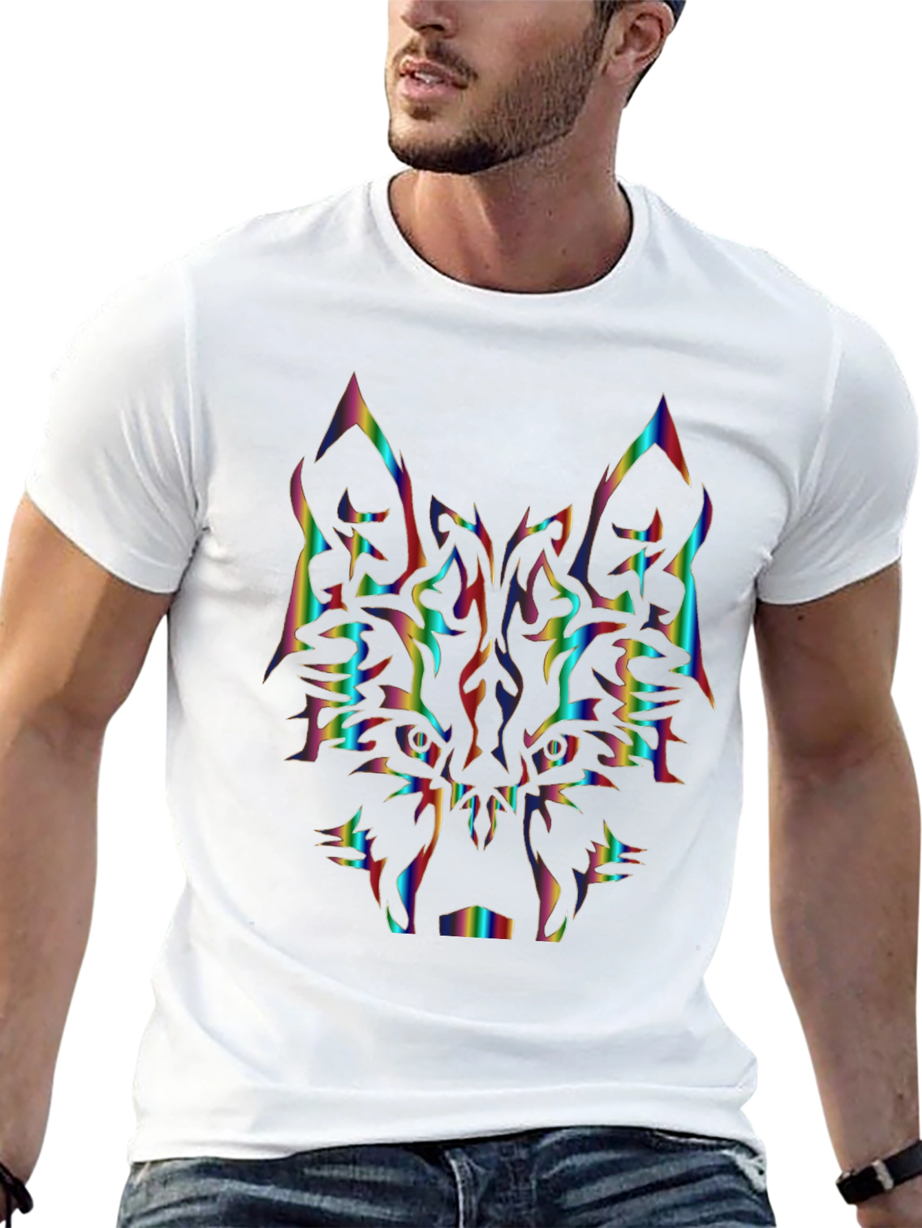 Rainbow Wolf Graphic Tee - Black Cotton Shirt