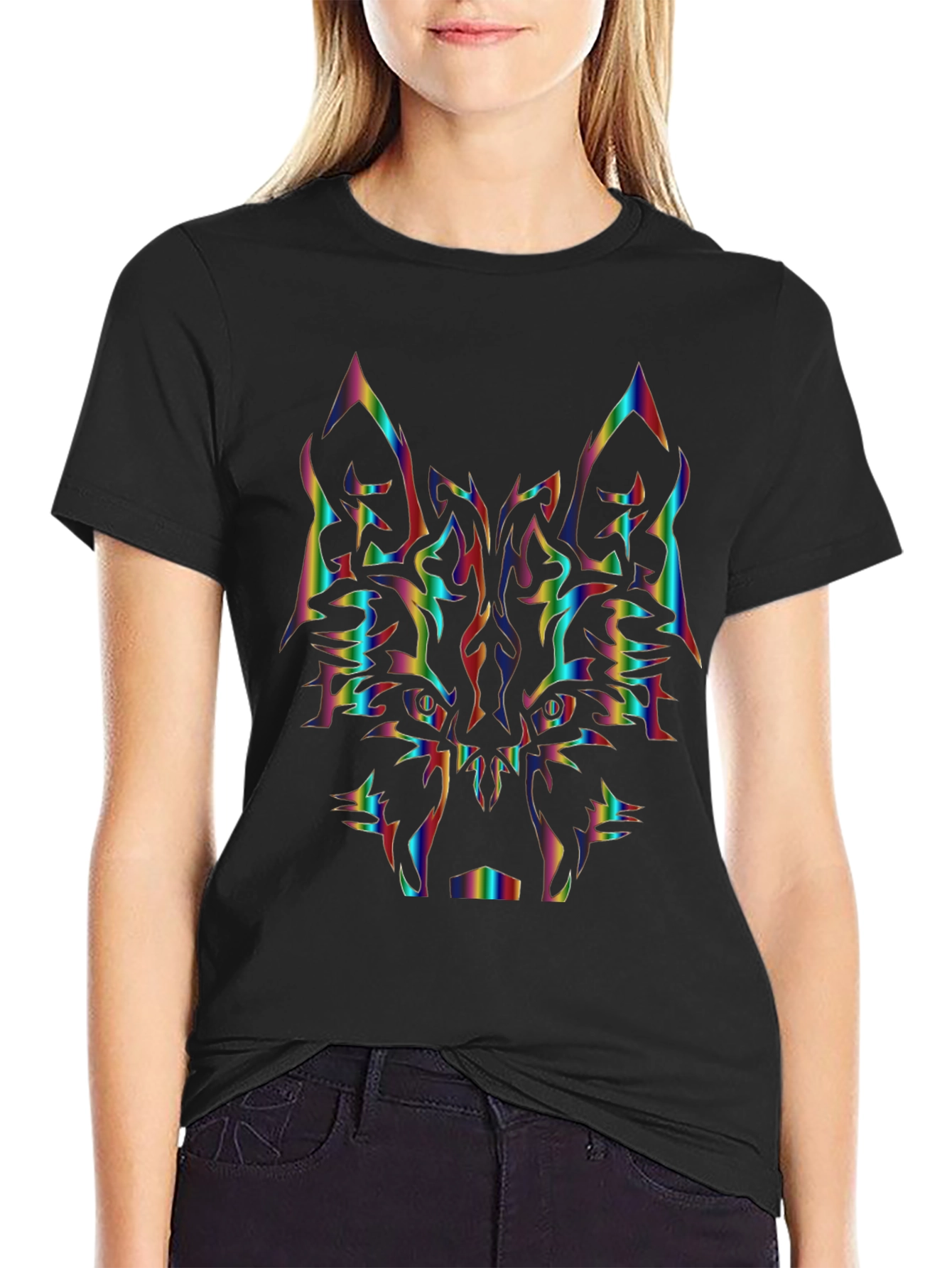 Rainbow Wolf Graphic Tee - Black Cotton Shirt