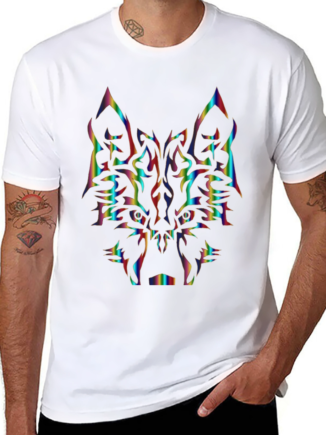Rainbow Wolf Graphic Tee - Black Cotton Shirt