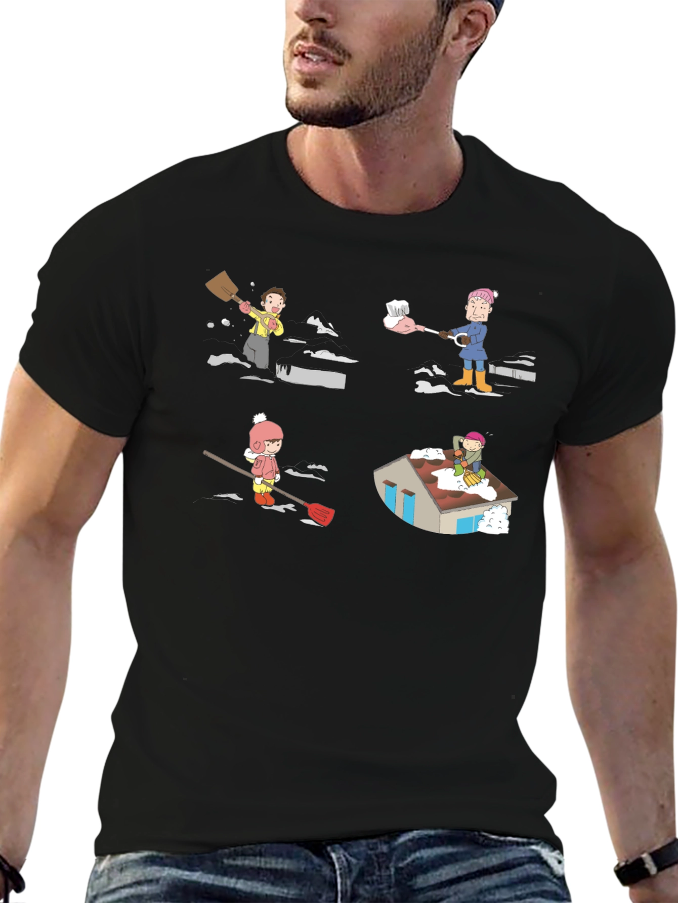 Snow Shoveling Cartoon Graphic Tee - Black