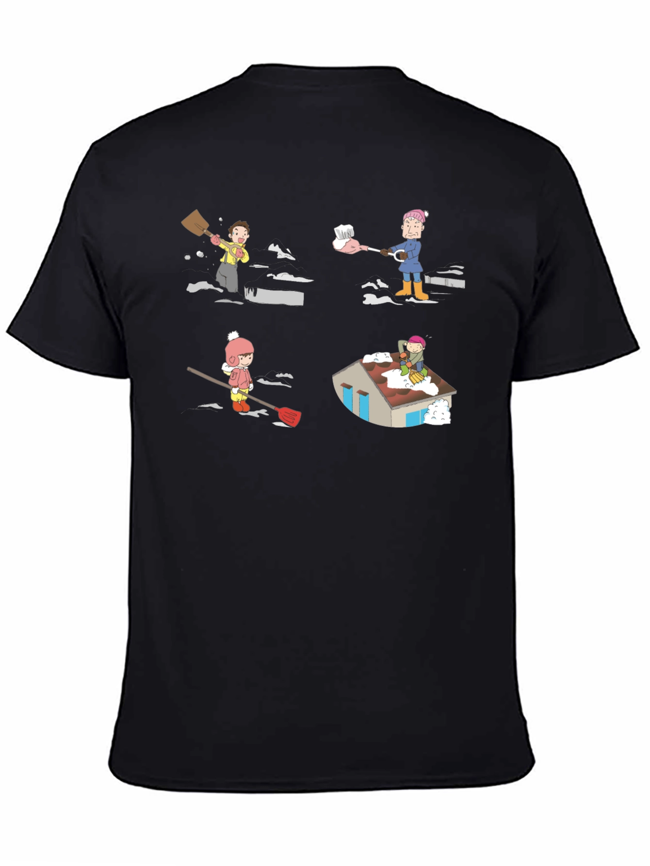Snow Shoveling Cartoon Graphic Tee - Black