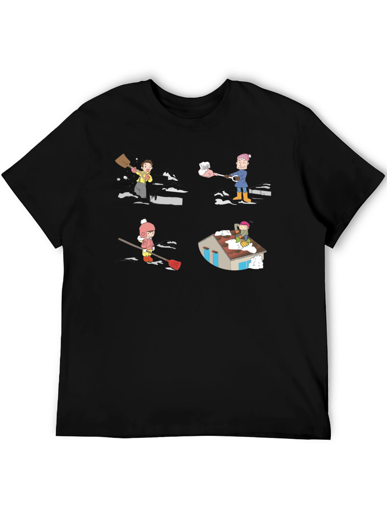 Snow Shoveling Cartoon Graphic Tee - Black