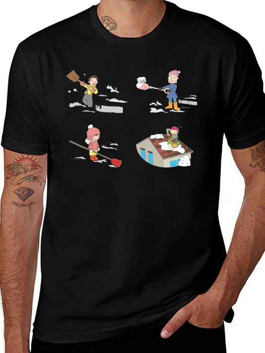Snow Shoveling Cartoon Graphic Tee - Black
